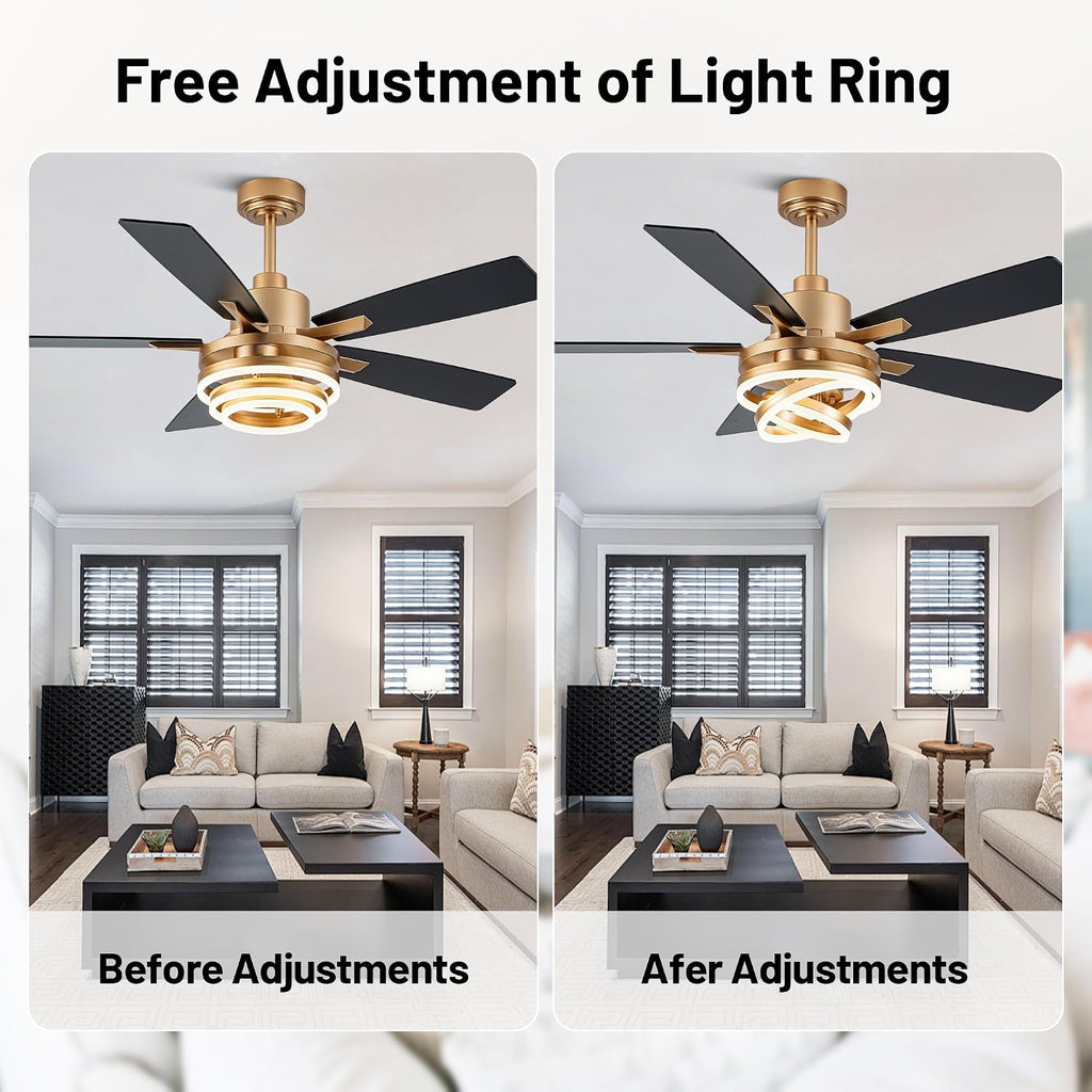 52 Inch Chandelier Ceiling Fans with Lights and Remote Control,6 Wind Speeds,3 Lighting Colors Optional,DC Motor,DIY Rings LED,Ceiling Fan for Living Room/Dining Room/Bedroom/Kitchen