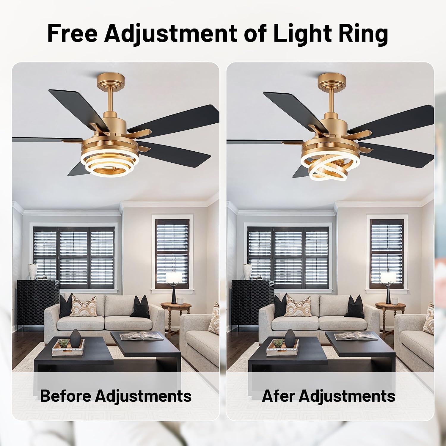 52 Inch Chandelier Ceiling Fans with Lights and Remote Control,6 Wind Speeds,3 Lighting Colors Optional,DC Motor,DIY Rings LED,Ceiling Fan for Living Room/Dining Room/Bedroom/Kitchen