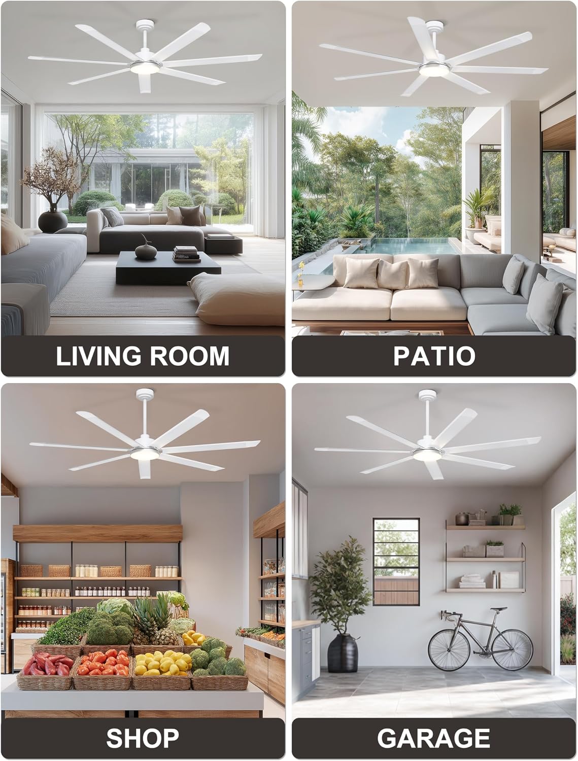 Ohniyou 72'' Large Ceiling Fan with Lights, High CFM Industrial Ceiling Fan with Remote/APP, 7 Aluminum Blades, Dimmable, for Outdoor Patio, Shop, Garage, White