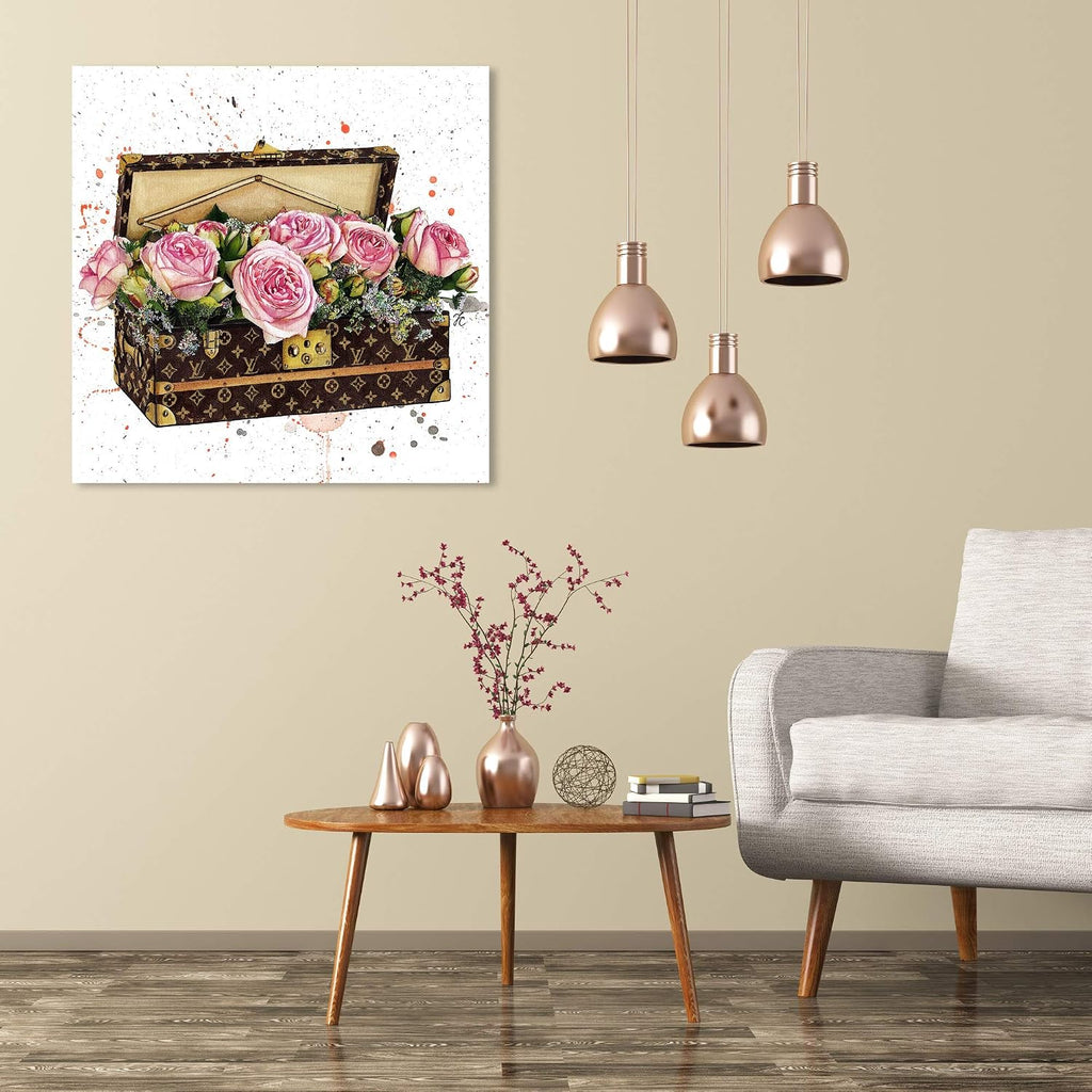 The Oliver Gal Artist Co. Fashion and Glam Wall Art Canvas Prints 'Doll Memories-Trunk Full of Flowers' Travel Essentials Home Décor, 30 in x 30 in, Pink, Brown