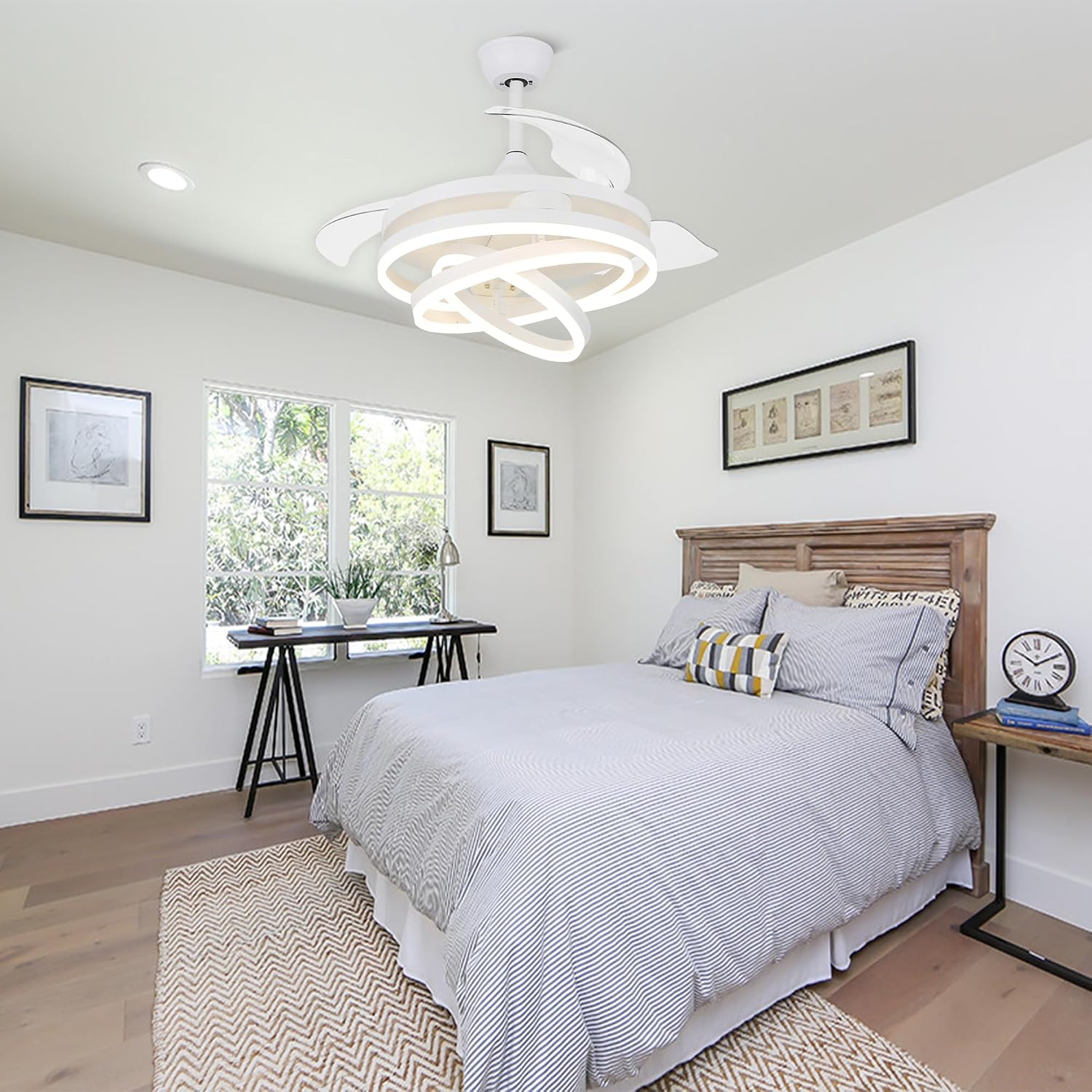White 42' Retractable Fandelier Ceiling Fan with Lights Remote - Silent Dimmable Modern 6 Speed LED Chandelier Fan for Bedroom Living Room Kitchen