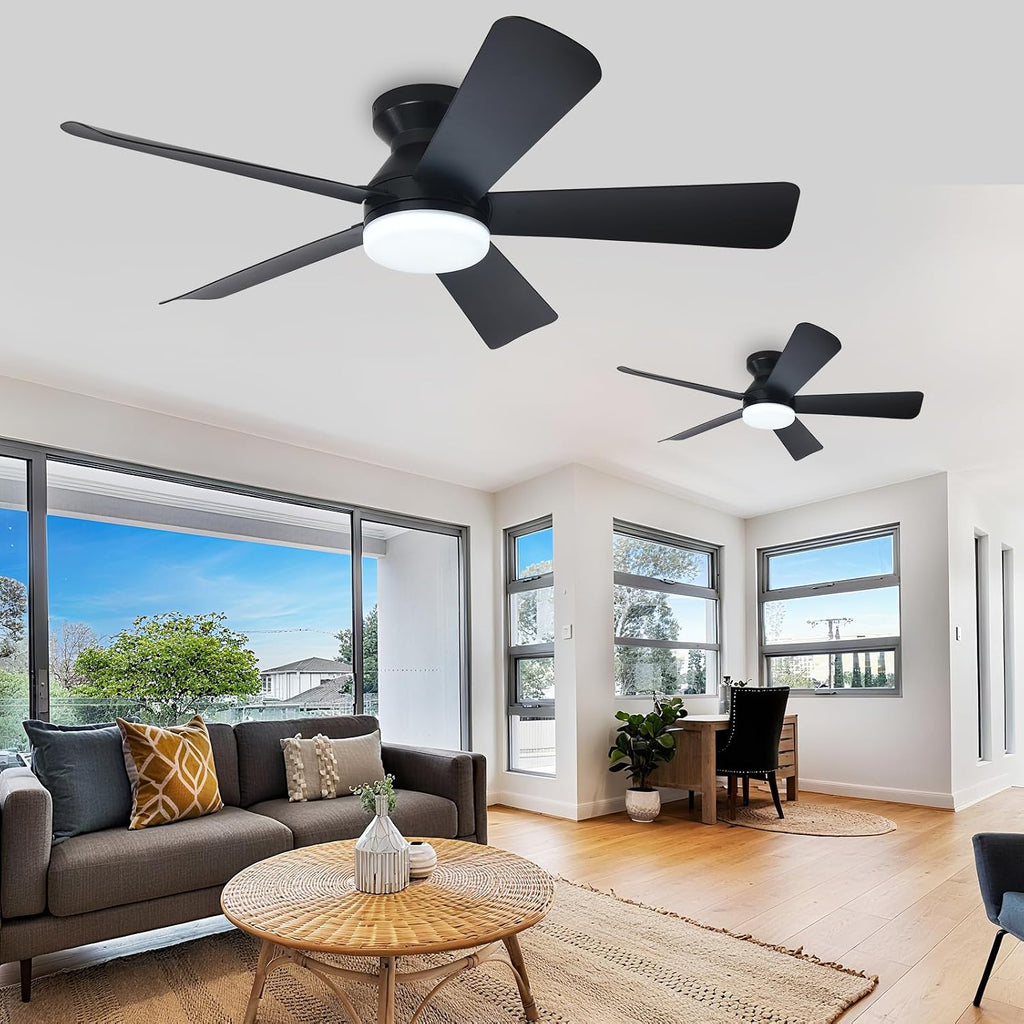 Depuley 42-Inch Ceiling Fans with Lights: Flush Mount Ceiling Fan with Remote Control Indoor/Outdoor- Black 5 Blade Low Profile Fandelier for Kitchen Gazebo - Reversible Quiet Timer - 2 Packs
