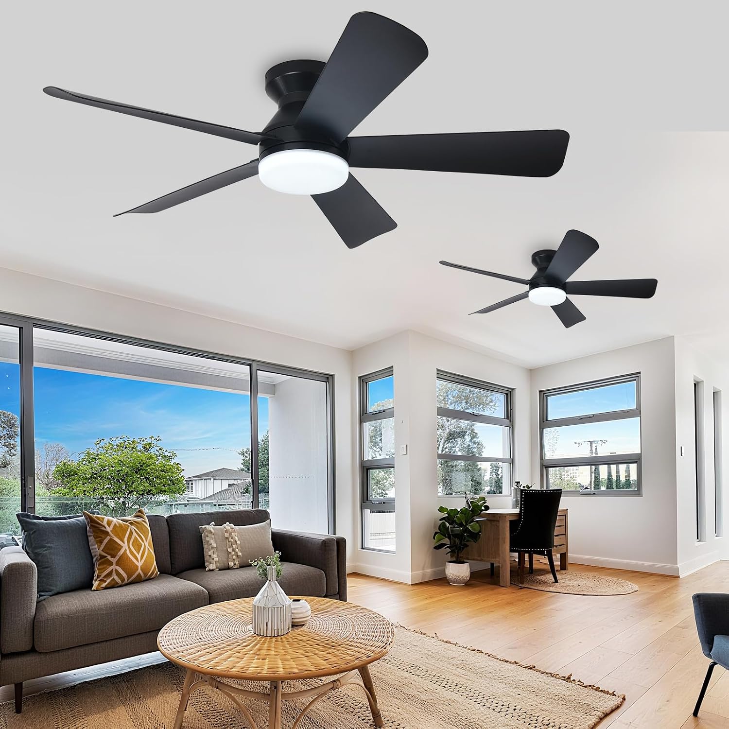 Depuley 42-Inch Ceiling Fans with Lights: Flush Mount Ceiling Fan with Remote Control Indoor/Outdoor- Black 5 Blade Low Profile Fandelier for Kitchen Gazebo - Reversible Quiet Timer - 2 Packs