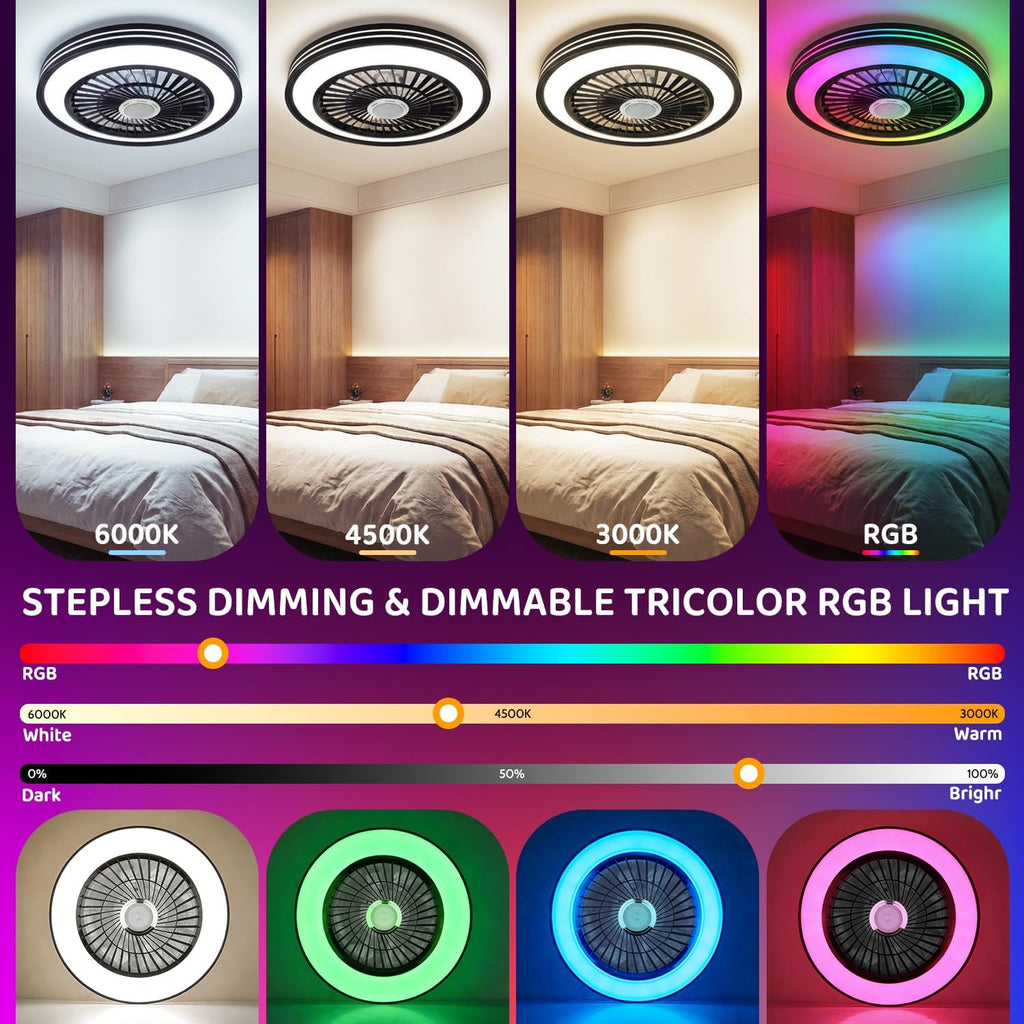 Ceiling Fan with RGB Lights and Speaker Fandelier Caged Low Profile Smart Ceiling Fan Light 2700K-6500K, Flush Mount Fan Light with Remote/APP Control for Garage Game Room Bedroom