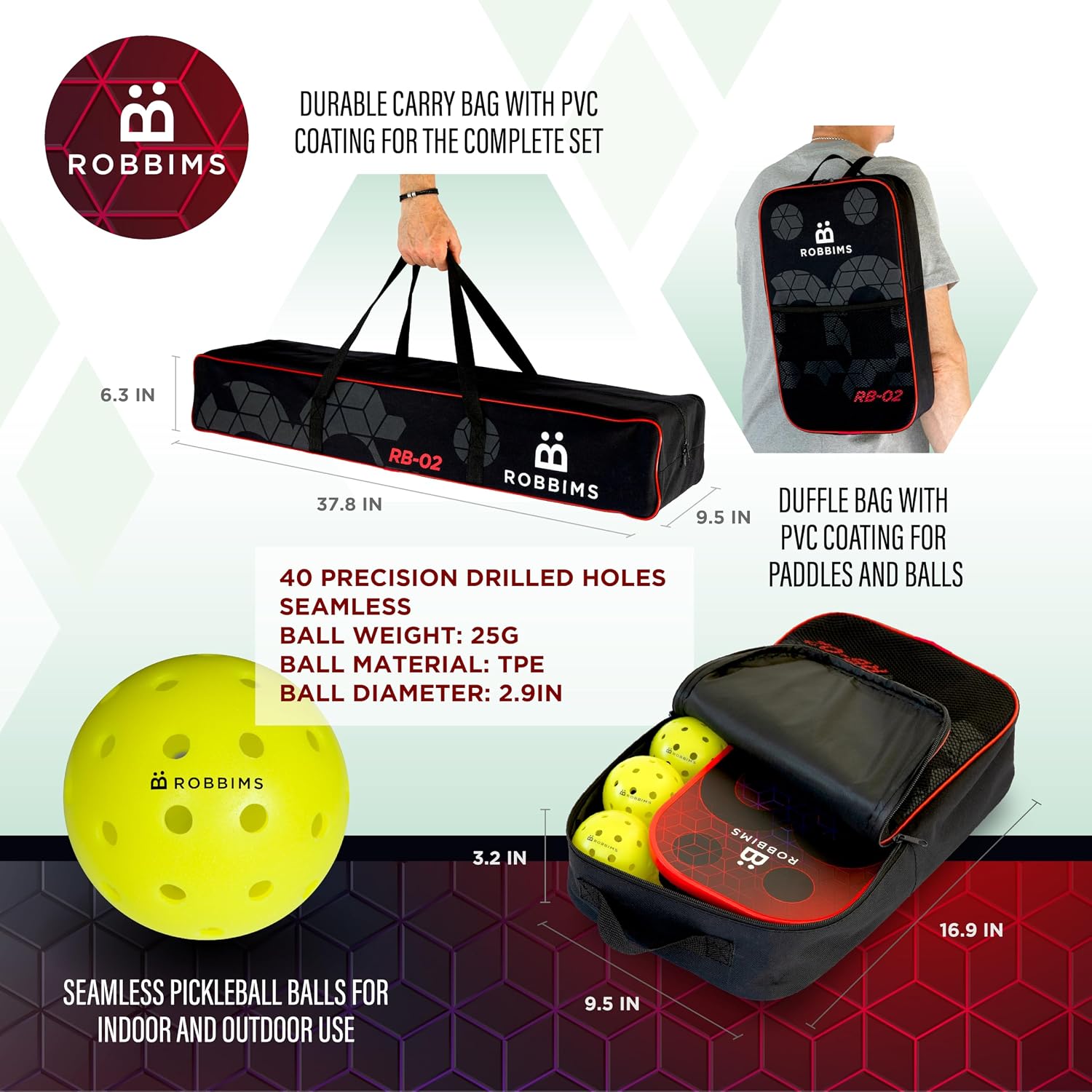 Pickleball Set with Net | 4 USA Pickleball Approved Carbon Fiber Paddles, Portable Regulation Size Net System, 8 Outdoor Balls, Court Marker Kit, Duffle Bag & Carry Bag - ROBBIMS