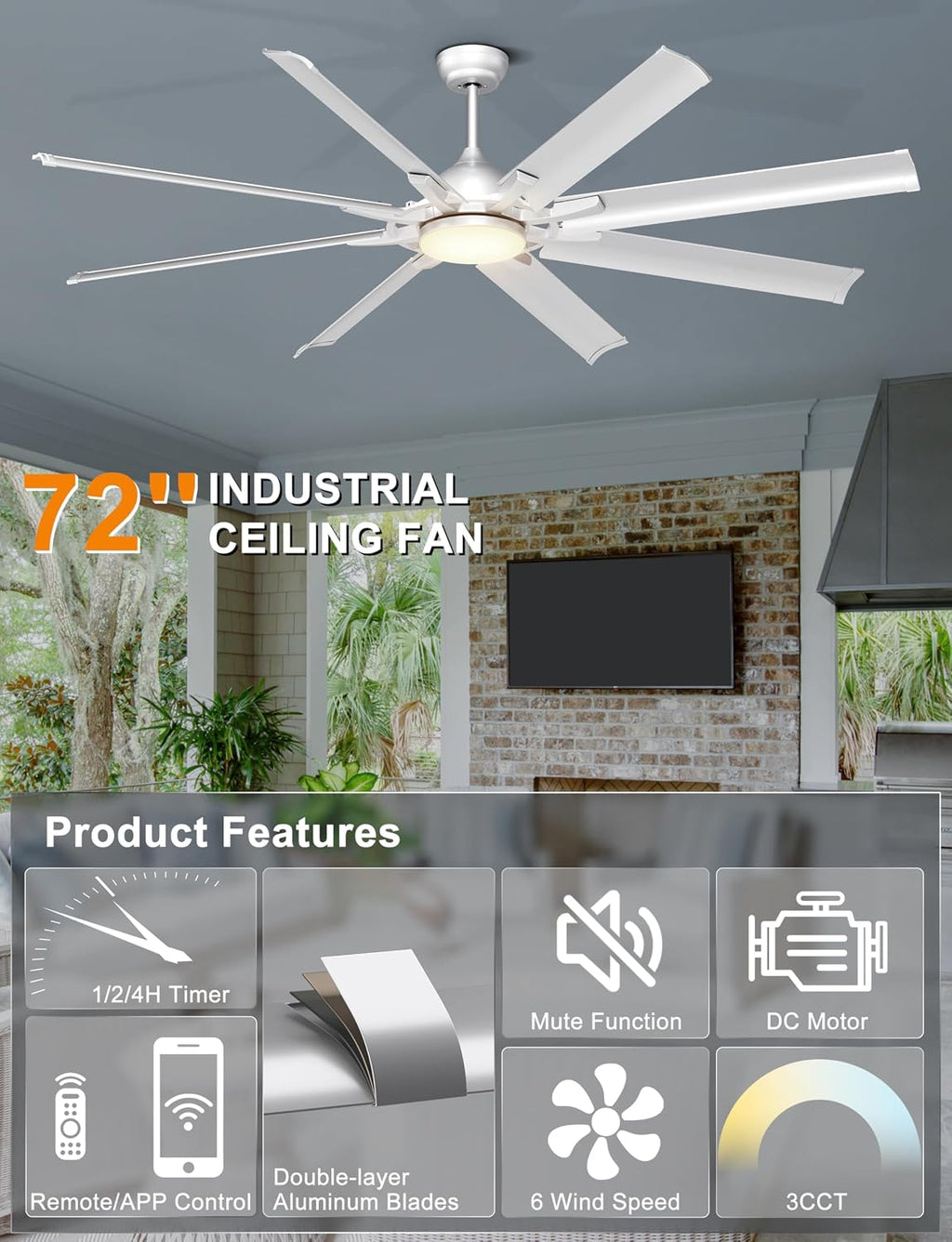 Ohniyou 72 Inch Industrial Ceiling Fan with Lights Remote Control, Large Ceiling Fan with 8 Aluminum Blades, 3 CCT, 6-Speed Quiet DC Motor for Living Room, Covered Outdoor, Shop, Garage(Silver)