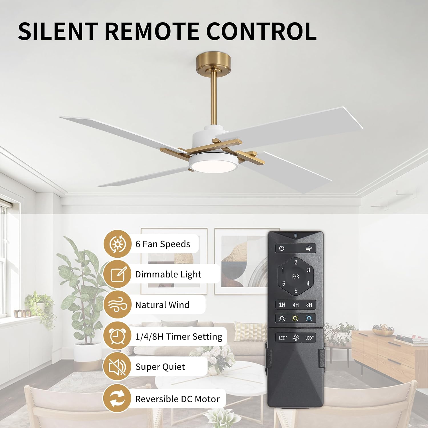 WINGBO 54 Inch Ceiling Fan with Light and Remote, 4 Plywood Blades, 6-Speed Reversible DC Motor, Dimmable, 3CCT, Farmhouse Ceiling Fan for Bedroom Living Room Kitchen, Brass and White