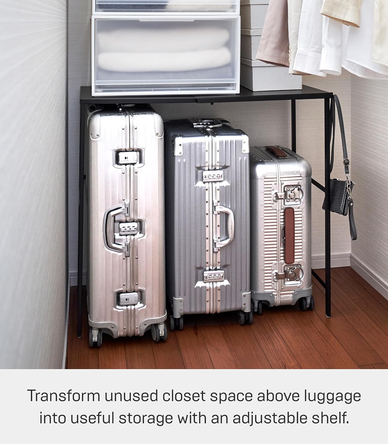 YAMAZAKI Home Tower Expandable Over Suitcase Shelf, Closet Luggage Organization Clothes Hanger Metal Shelf - Steel