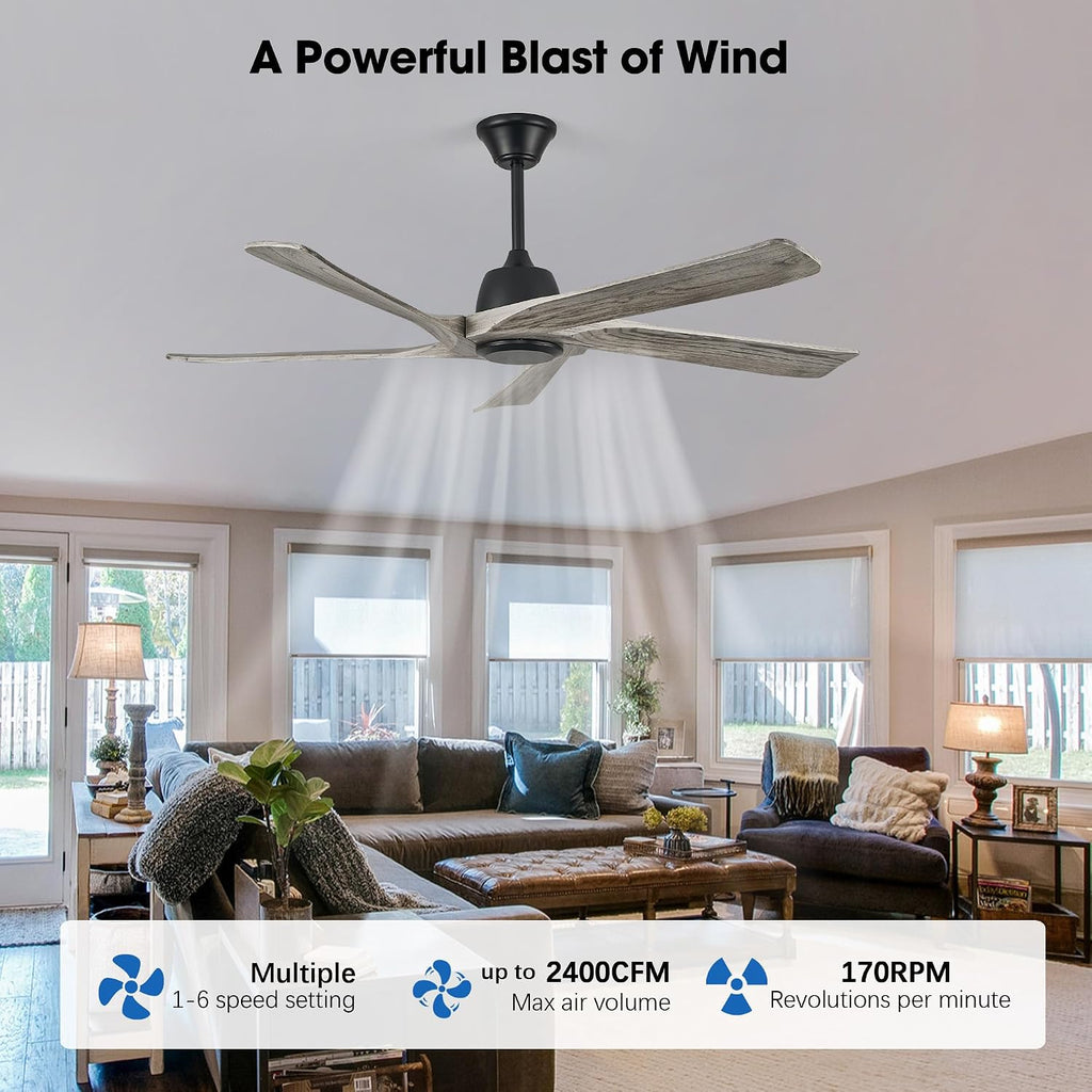 60 Inch Solid Wood Ceiling Fan No Lights, Remote and APP Control, DC Motor, 6-speed Reversible, for Bedroom, Living Room, Office, Outdoor Ceiling Fans, Greywood