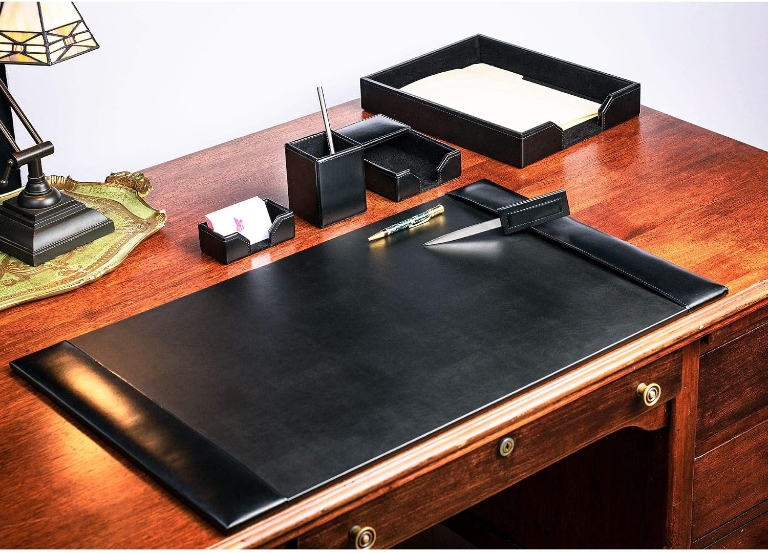 DACASSO Bonded Leather Desk Set - Luxury Leather Desk Pad & Desk Organization Essentials (Black, 6 Piece)