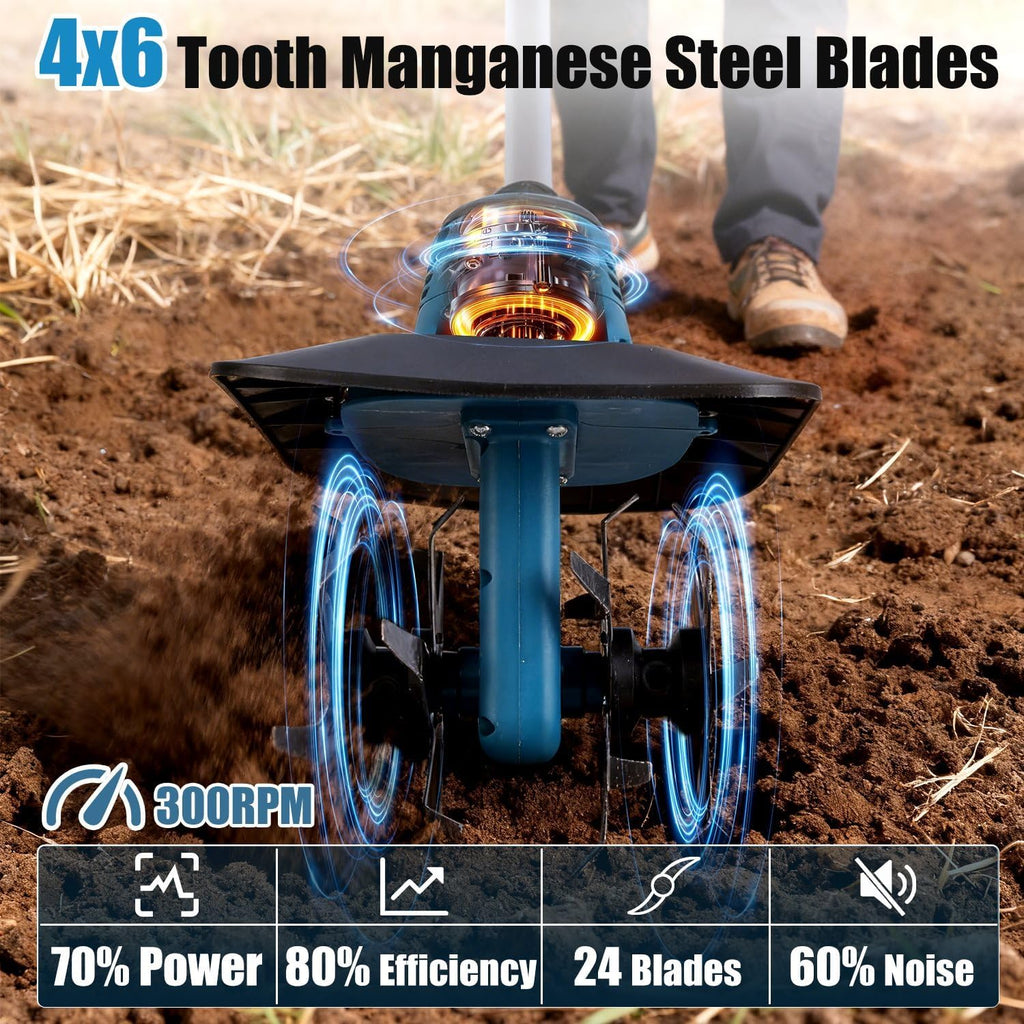 800W 21V Cordless Tiller Cultivator 3.0Ah Battery Powered Electric Garden Tiller Portable Rotary Tiller with 8.66' Width 6.69' Depth Manganese Steel Tines for Soil Cultivation Weeding Gardening