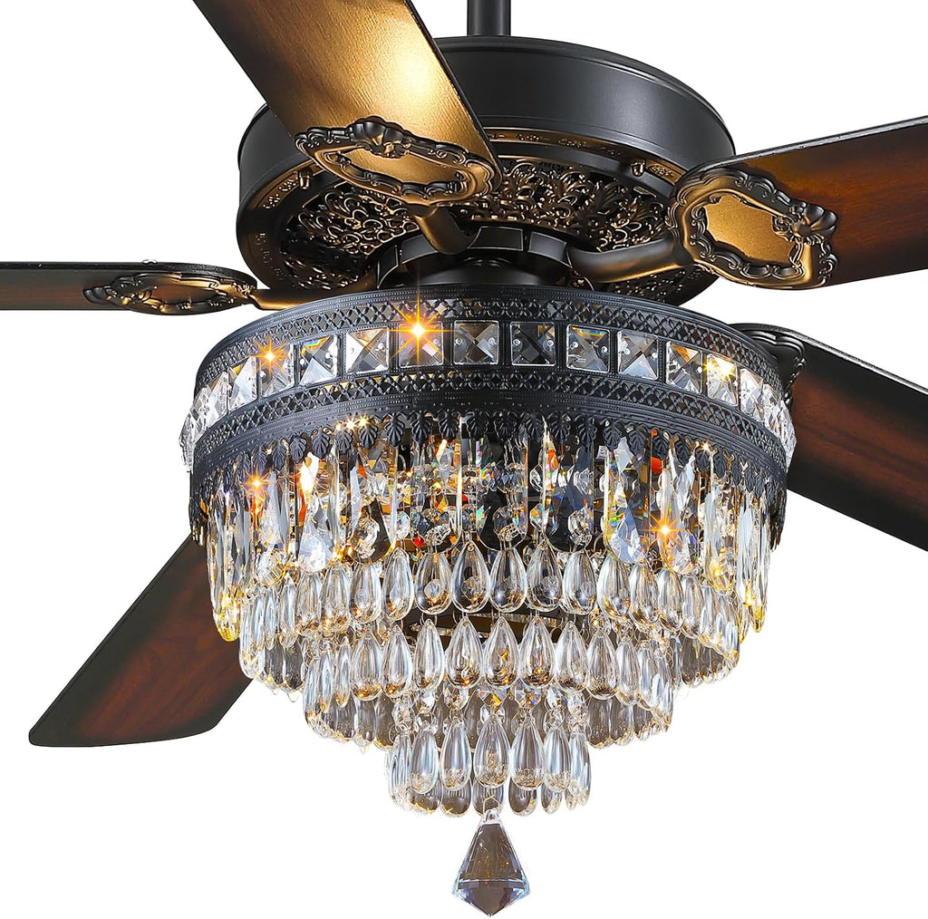 Asyko 62' Crystal Ceiling Fan Fandelier with Lights - Black Modern Crystal Chandelier Fans with Remote Control，Noiseless DC Motor, Retro/Farmhouse Lighting, Dining Room， Living Room
