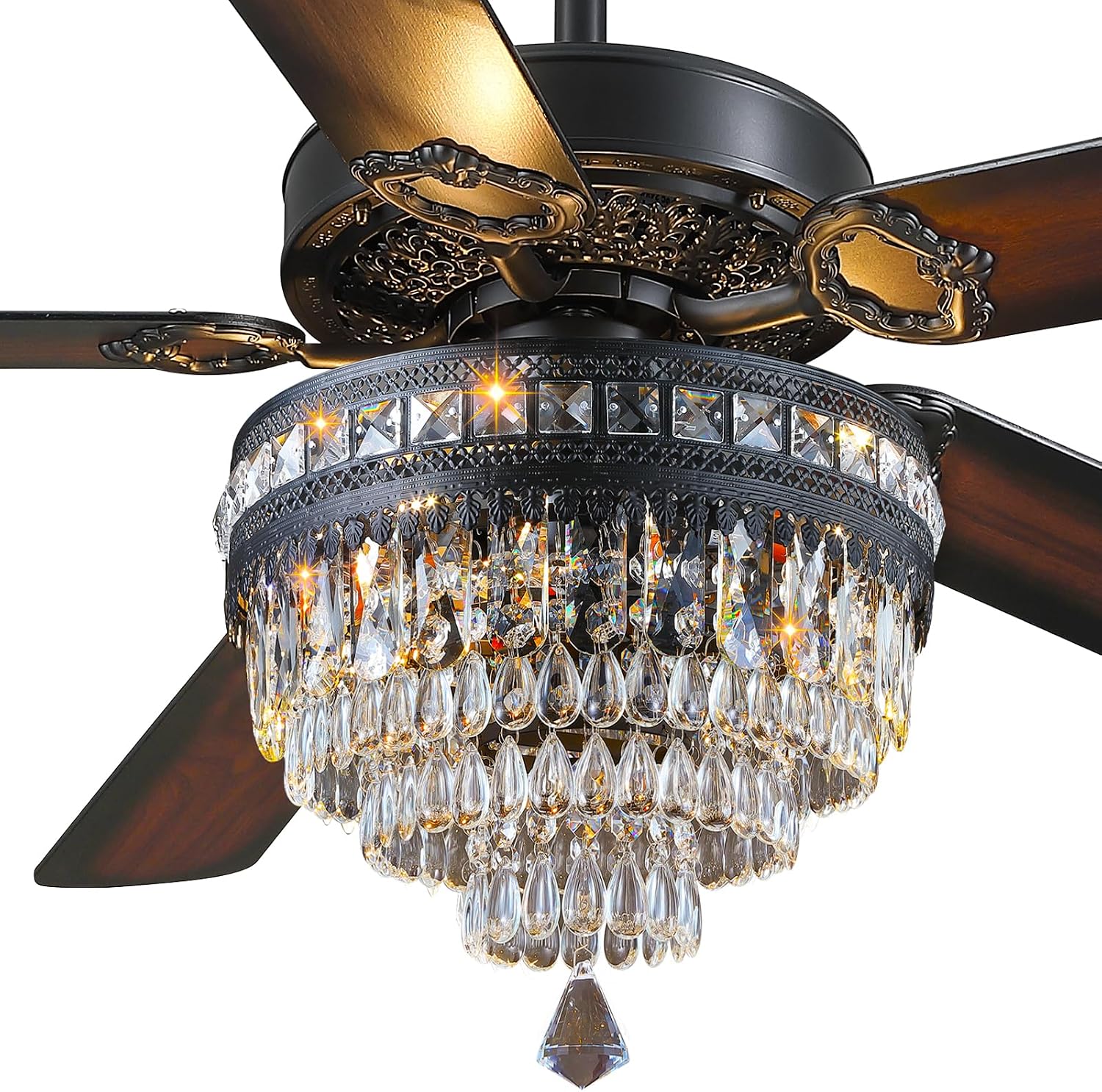 Asyko 62' Crystal Ceiling Fan Fandelier with Lights - Black Modern Crystal Chandelier Fans with Remote Control，Noiseless DC Motor, Retro/Farmhouse Lighting, Dining Room， Living Room