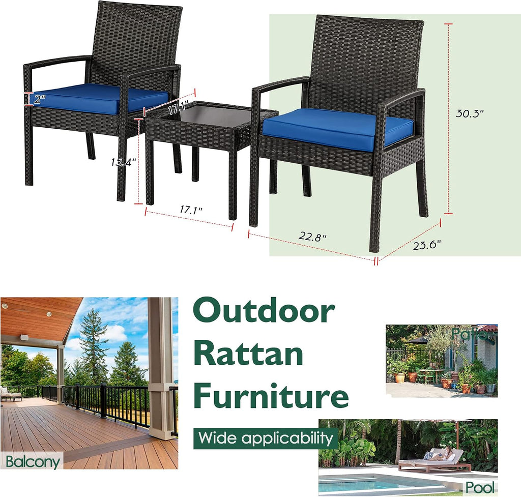 3 Piece Outdoor Patio Furniture Sets, Rattan Conversation Set with Soft Cushion, Wicker Chairs with Coffee Table for Yard Backyard Lawn Porch Poolside Balcony, Blue