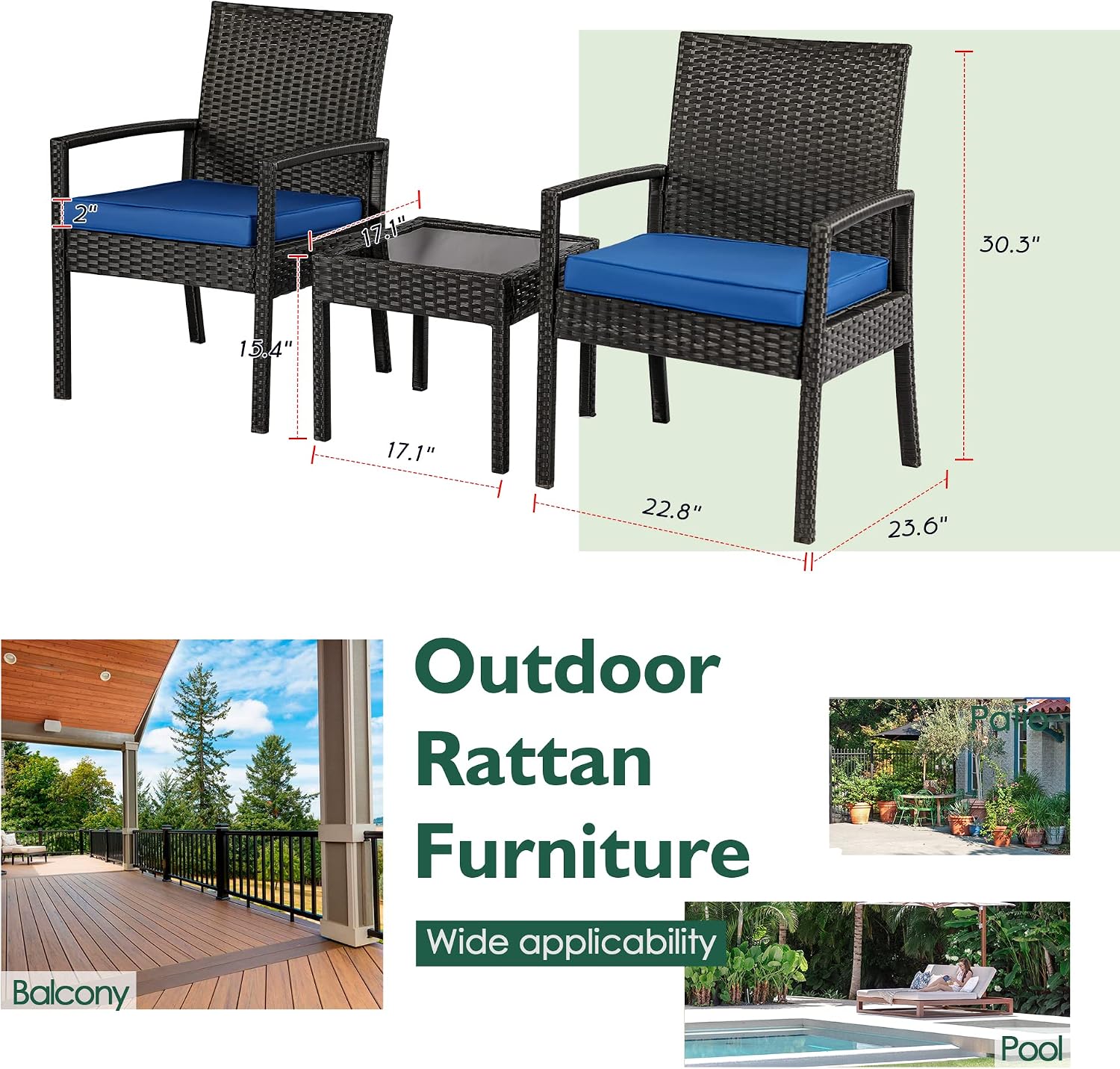 3 Piece Outdoor Patio Furniture Sets, Rattan Conversation Set with Soft Cushion, Wicker Chairs with Coffee Table for Yard Backyard Lawn Porch Poolside Balcony, Blue
