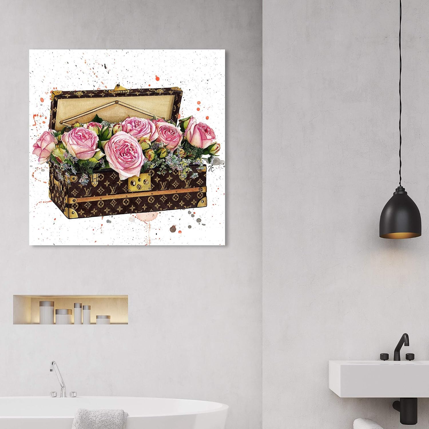 The Oliver Gal Artist Co. Fashion and Glam Wall Art Canvas Prints 'Doll Memories-Trunk Full of Flowers' Travel Essentials Home Décor, 30 in x 30 in, Pink, Brown