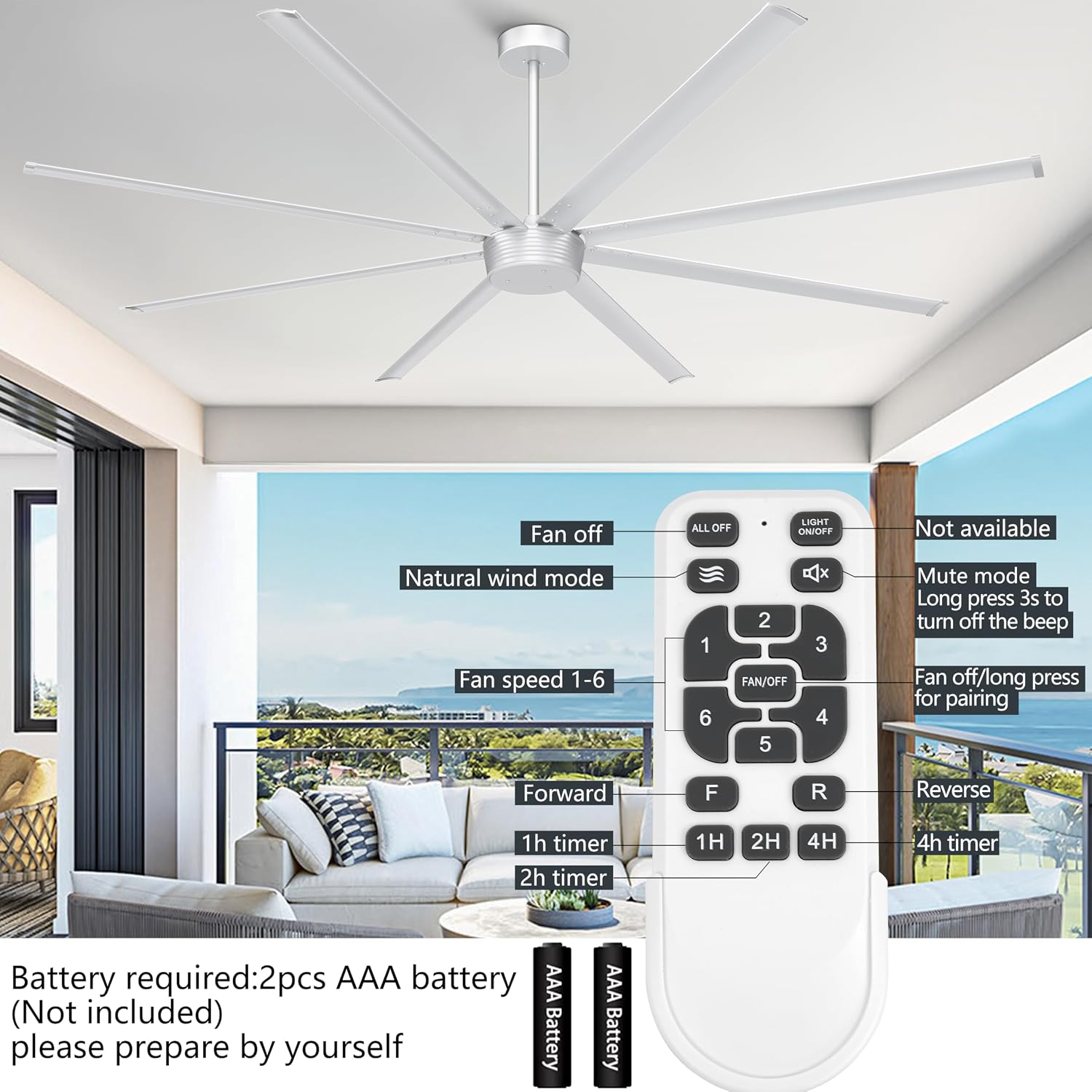 Ohniyou 96'' Industrial Ceiling Fan No Light - High CFM Large Metal Fan with 8 Aluminum Blades, Remote/APP Controlled, DC Motor, for Shop, Warehouse, Gym, Silver