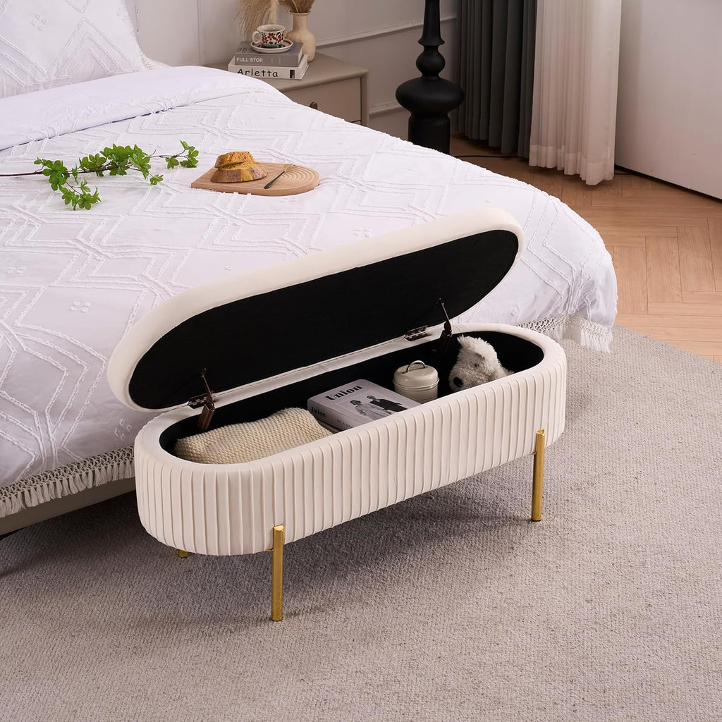 Velvet Storage Bench for Bedroom Upholstered End of Bed Bench Modern Ottoman with Gold Legs for Living Room/Window/Entryway (Ivory White, Oval-45.5' W)