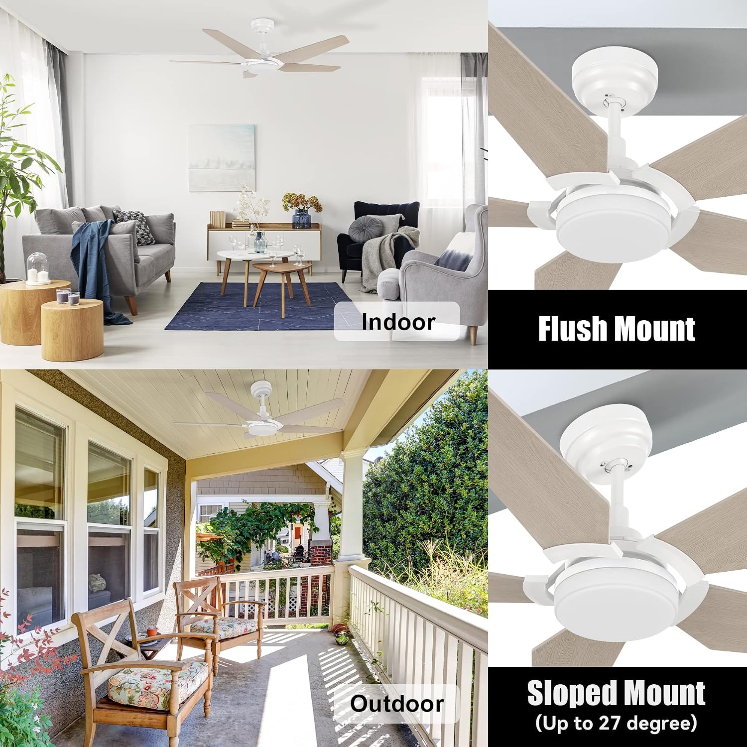 SMAAIR 5 Blades Outdoor Smart Ceiling Fan with Dimmable Light Kit and 10-Speed DC Motor, Works with Remote Control/Alexa/Google Home/Siri, Timer, Schedule (White/Wooden Pattern)