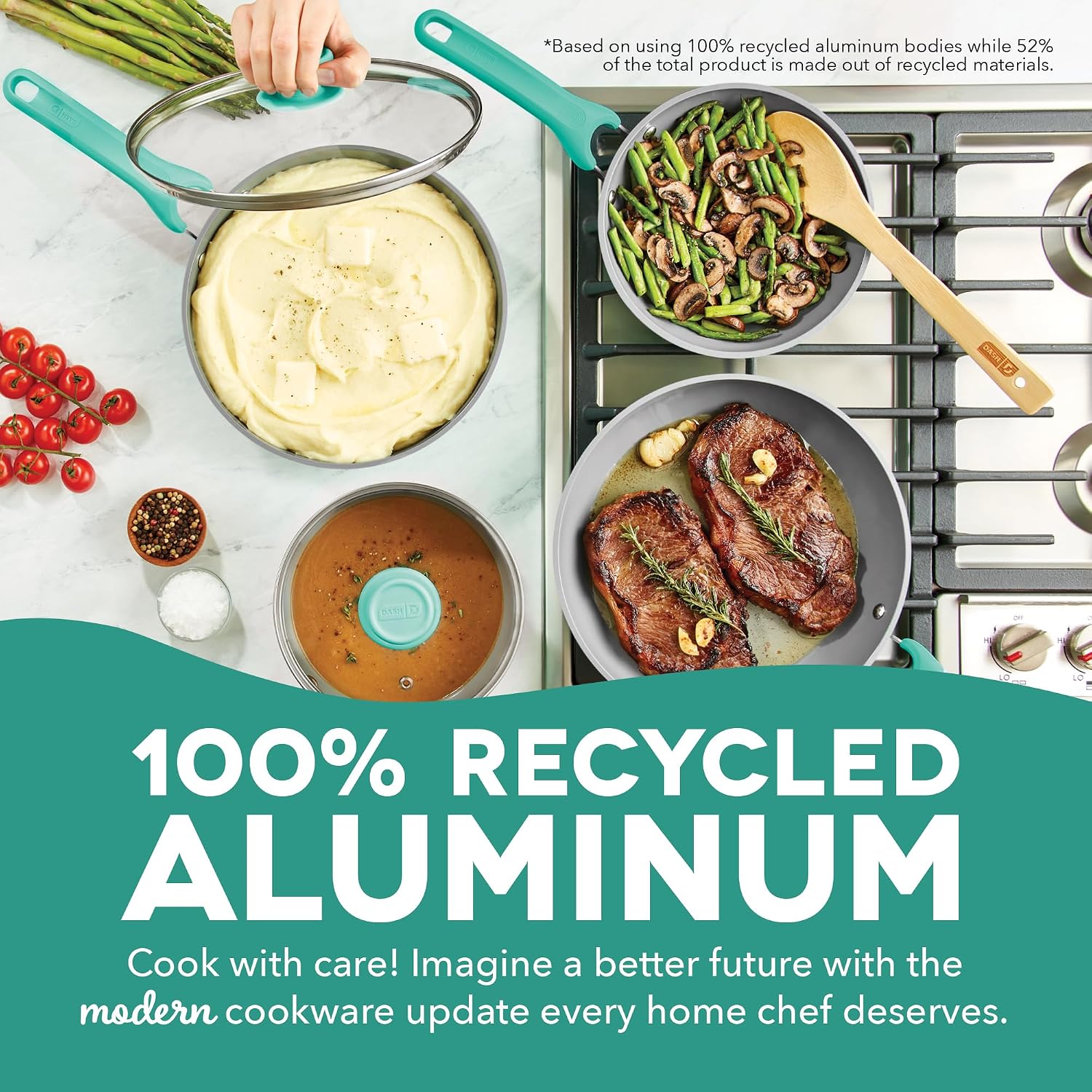 Dash Dream Green Recycled Aluminum Cookware Set - Ceramic Cookware Set - CleanCoating™ Nonstick Coating - Induction Compatible and Oven Safe - Aqua, 15-Piece Set