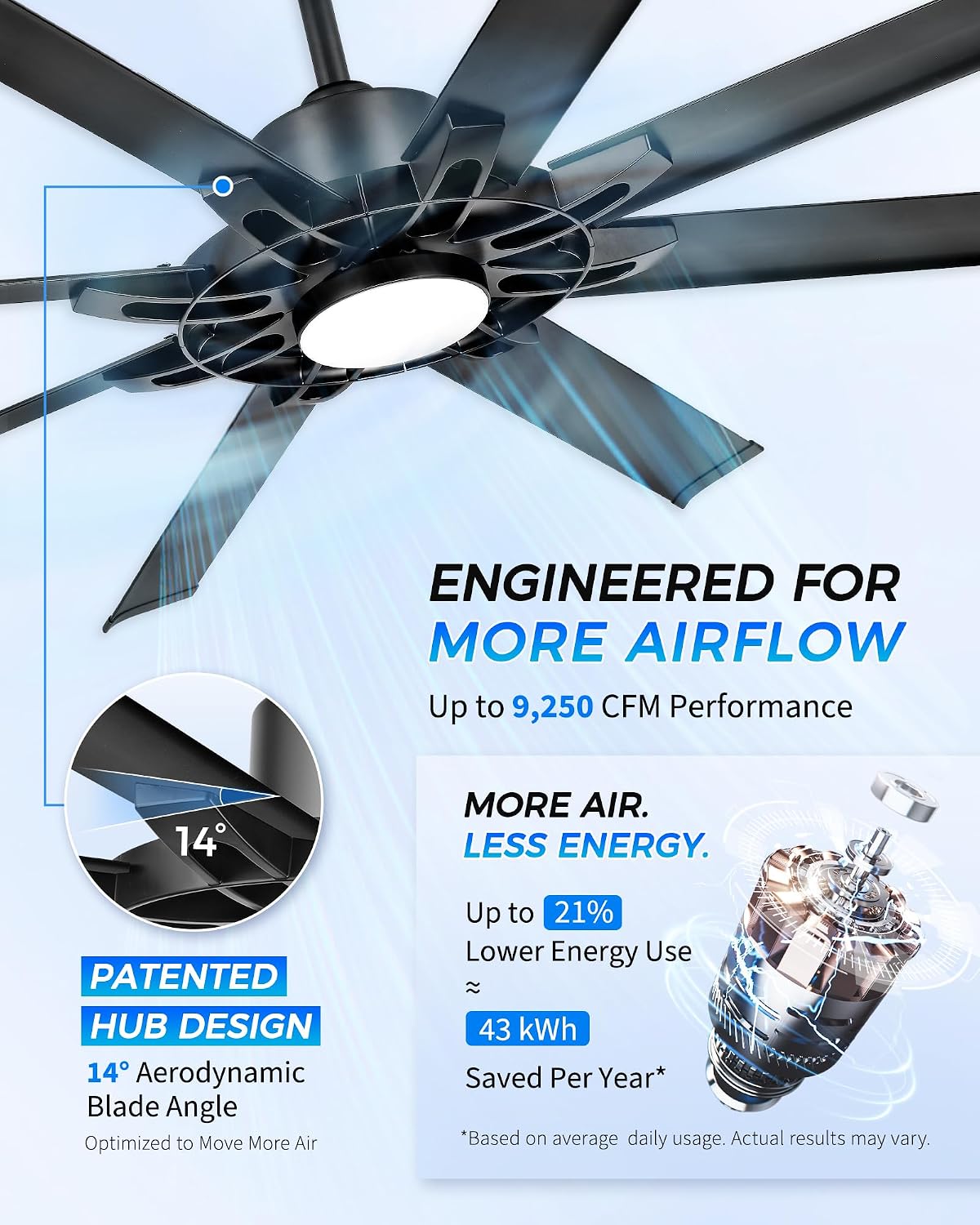 60 Inch Ceiling Fan with Light, Black Indoor Outdoor Ceiling Fan with 8 Aluminium Metal Blades, Smart Fan with Alexa, Modern Quiet Fan for Patio, Garage, Living Room, ZCCF05ABK-60