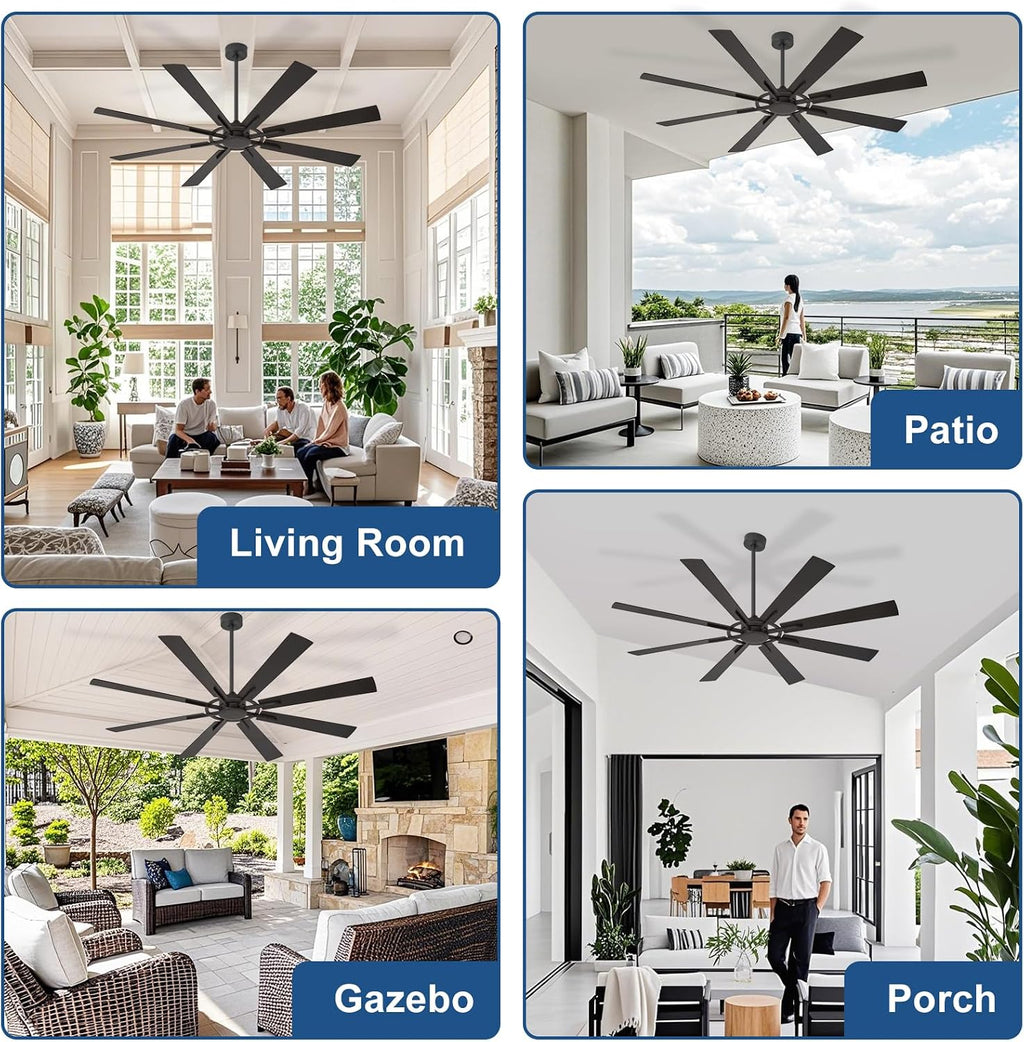 Large Ceiling Fan No Light: Modern 72 Inch 8 Blade Outdoor Ceiling Fans with Remote APP Control - Black Big Fan without Light Indoor Reversible 6 Speed Quiet DC Motor