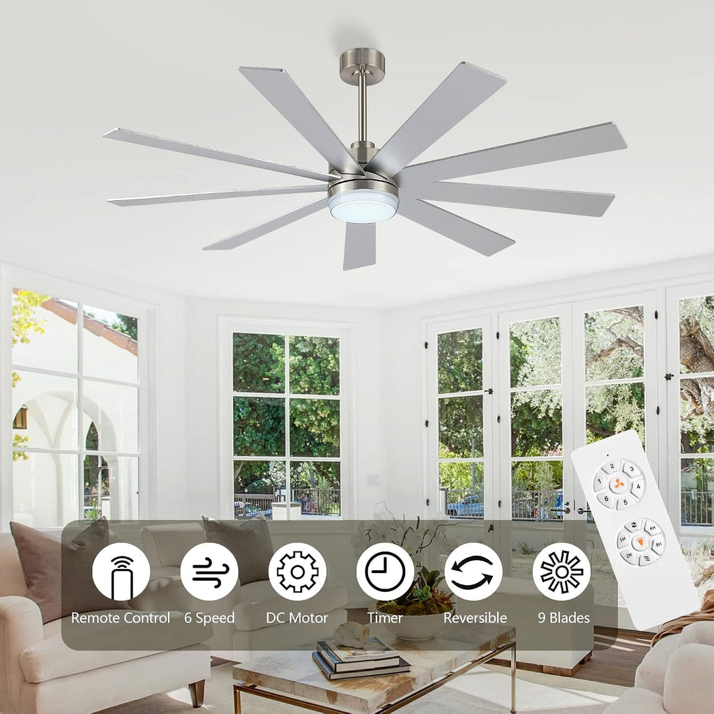 LEDLUX 64' Ceiling Fan with Light Silver, 6-Speed Remote Control, Reversible DC Motor, Modern 9 Blades with 4.5'/12' Downrods for Home or Commercial, Living Room/Restaurant