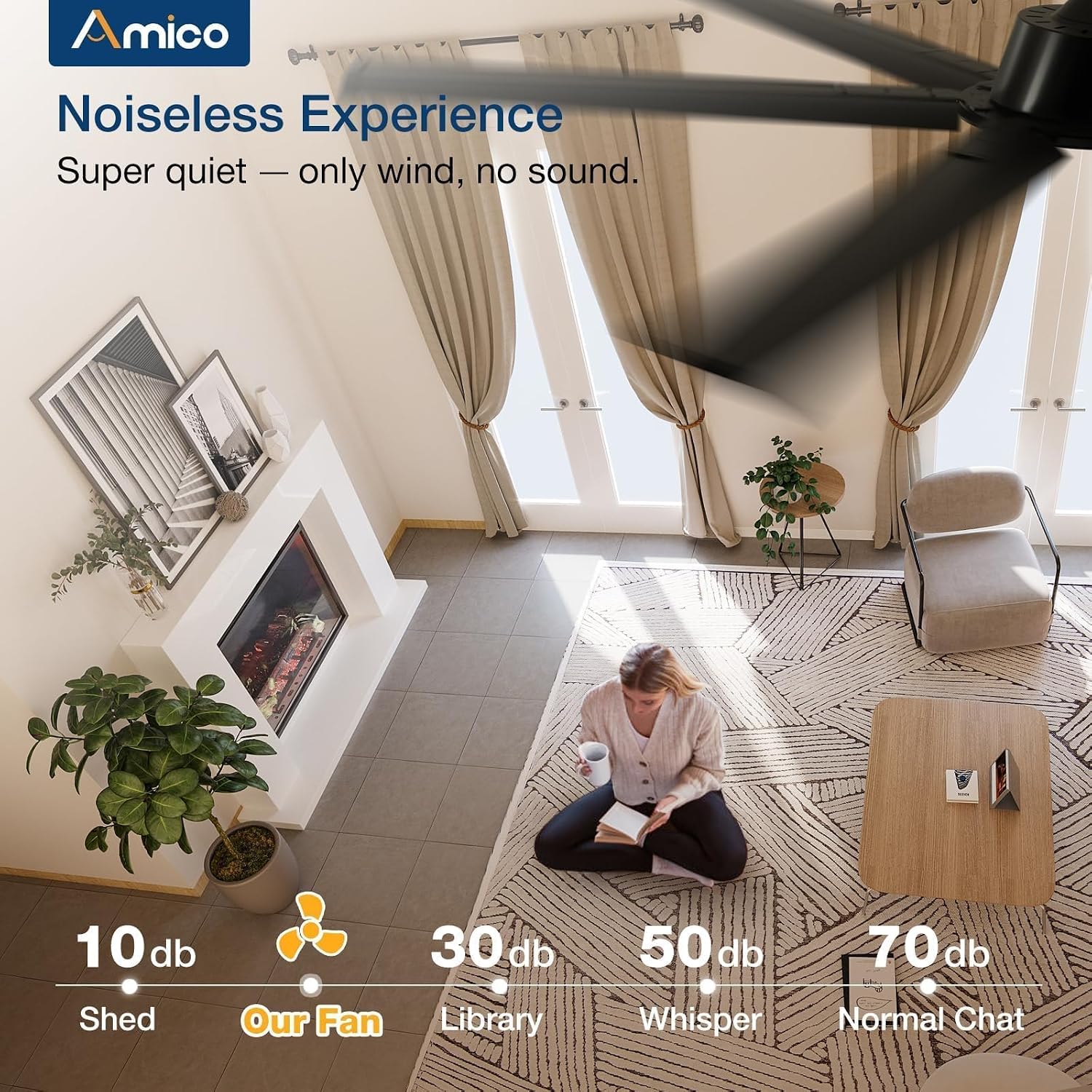 Amico 84 Inch Industrial Ceiling Fans Without Light, Indoor/Outdoor Ceiling Fan with Remote Control, Reversible, 6 Speeds, Noiseless, Black Ceiling Fan for Patio, Porch, Garage, Shop, Farmhouse