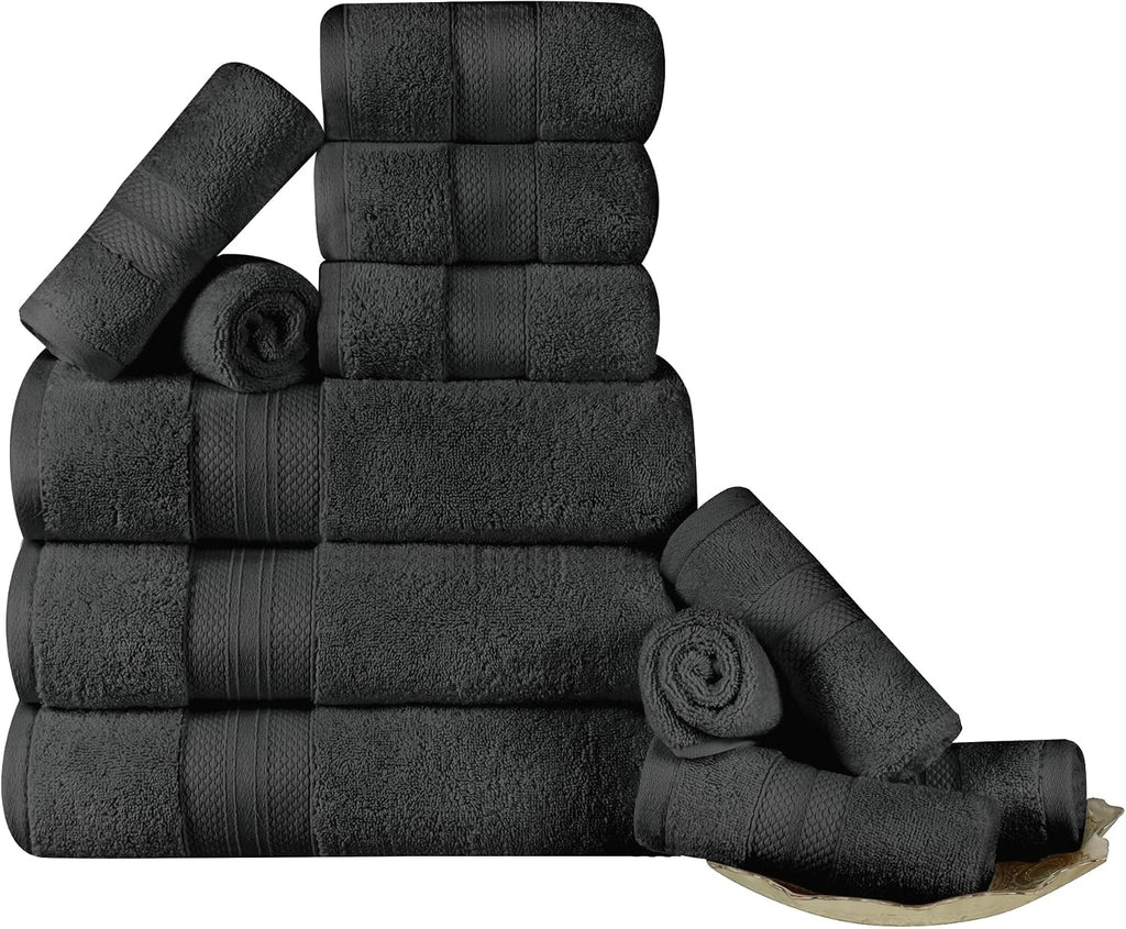 Superior Turkish Cotton 12-Piece Towel Set, 3 Bath, 3 Hand, 6 Face Towels/Washcloth for Home, Guest, Master Bathroom Essentials, Hotel, Resort, Spa, Shower, Adult, Kids, Plush, Soft, Black