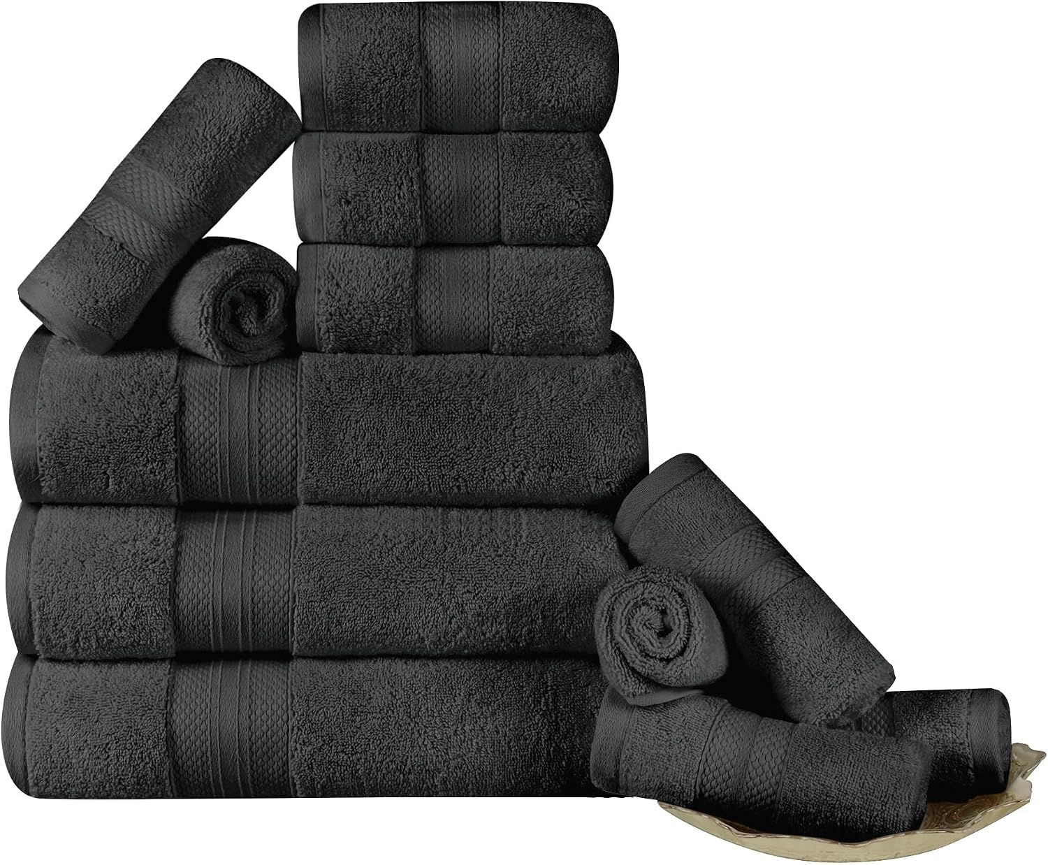 Superior Turkish Cotton 12-Piece Towel Set, 3 Bath, 3 Hand, 6 Face Towels/Washcloth for Home, Guest, Master Bathroom Essentials, Hotel, Resort, Spa, Shower, Adult, Kids, Plush, Soft, Black