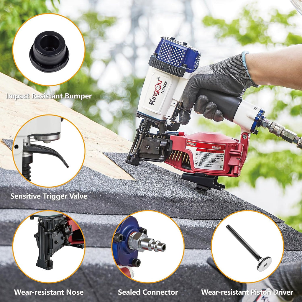Kingou American Style NVH45 Roofing Nail Gun for Roofing Constructions Accepts 7/8-Inch to 1-3/4-Inch Nails 15 Degree With 3/8 NPT Air Connector 120-pcs Load Capacity Roofing Nailer