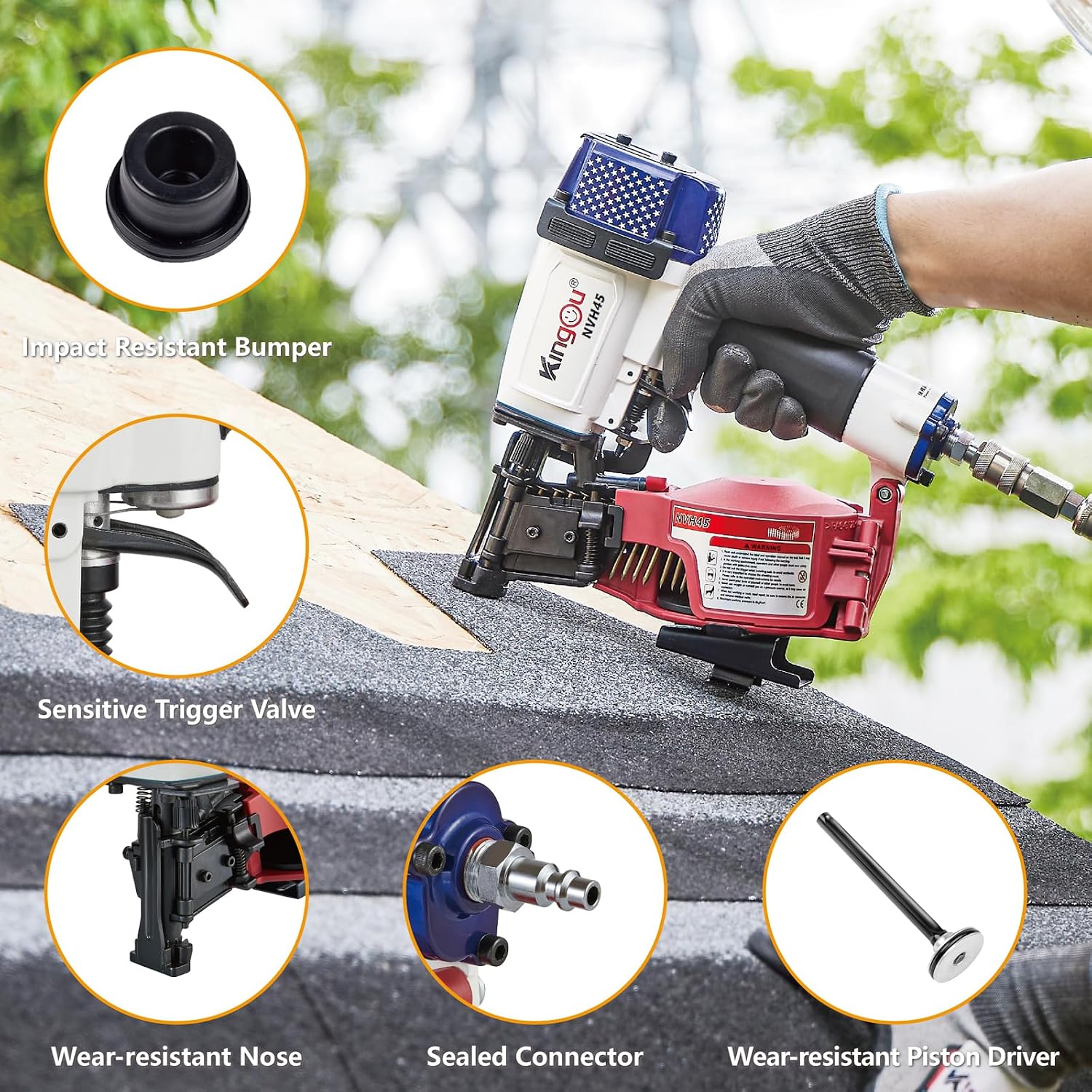 Kingou American Style NVH45 Roofing Nail Gun for Roofing Constructions Accepts 7/8-Inch to 1-3/4-Inch Nails 15 Degree With 3/8 NPT Air Connector 120-pcs Load Capacity Roofing Nailer
