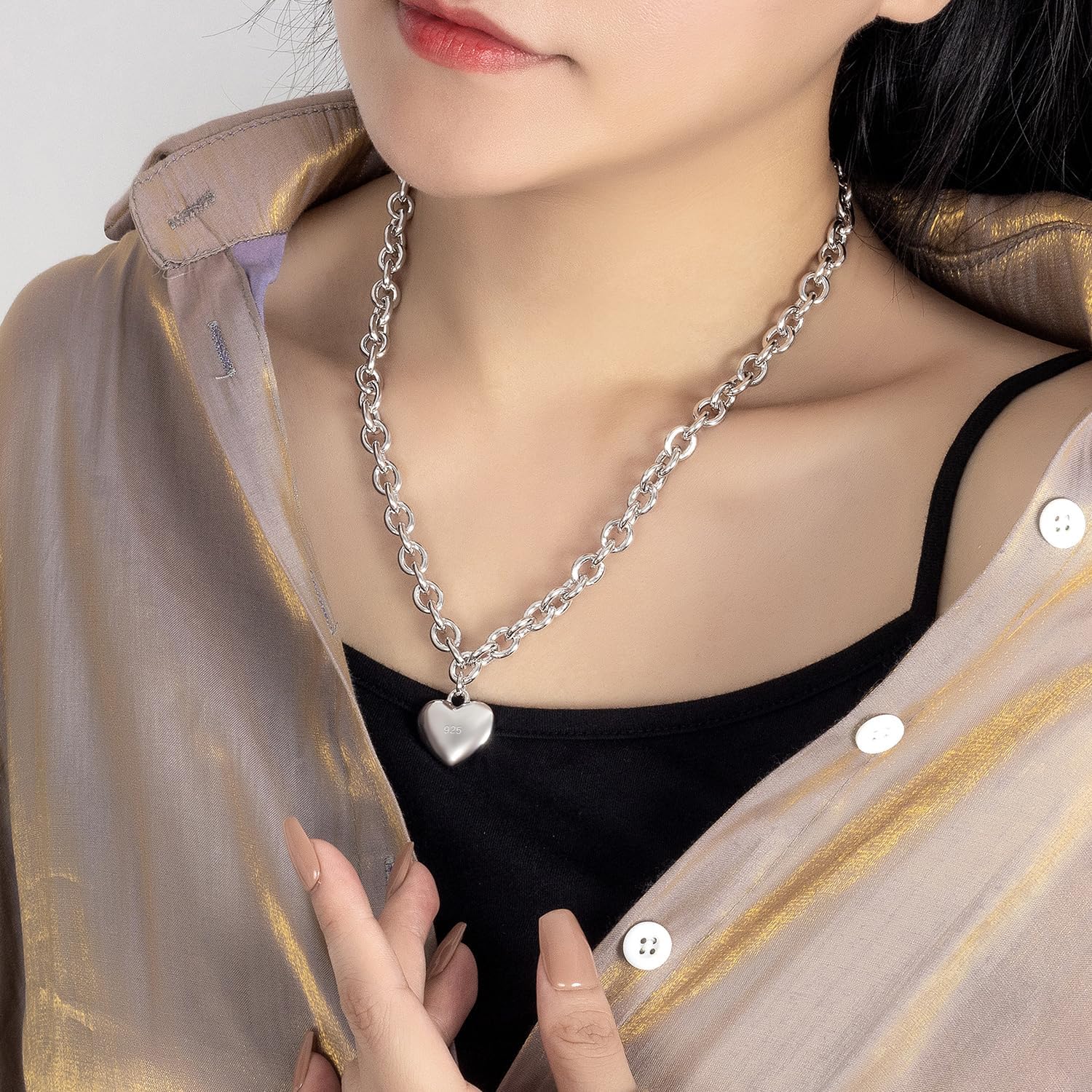Dankadi Women 925 Sterling Silver Necklace Round Cable Wire Link-Charm Heart-Bell-Square-Circle Pendant Chain Choker Fine Jewelry Gift For Wife Her (6MM Silver Heart Pendant, 18 inch)