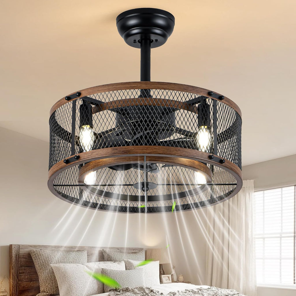20 Inch Black Farmhouse Caged Ceiling Fan with Light and Remote Control, Retro Industrial Enclosed Rustic Ceiling Fan for Bedroom Living Room