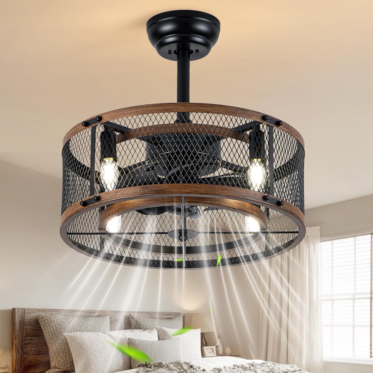 20 Inch Black Farmhouse Caged Ceiling Fan with Light and Remote Control, Retro Industrial Enclosed Rustic Ceiling Fan for Bedroom Living Room