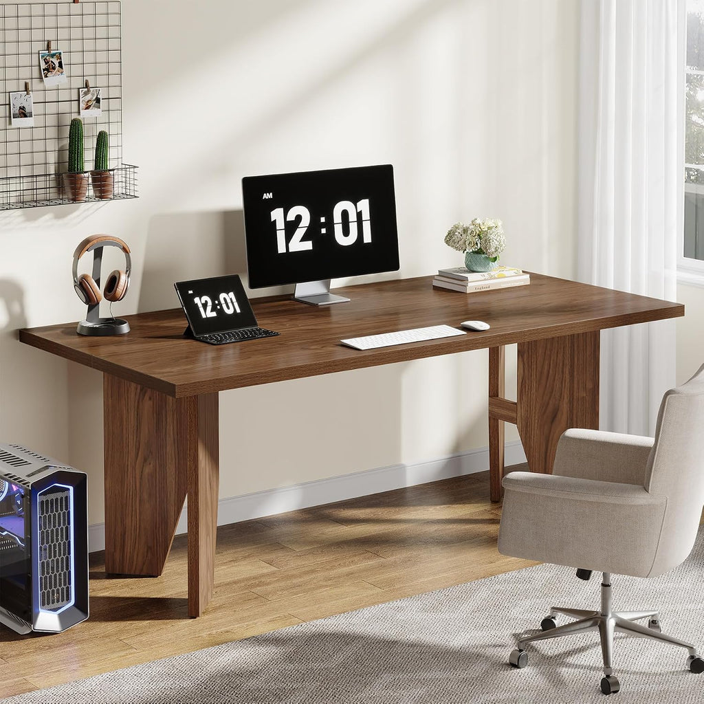 Tribesigns 63' Executive Desk, Mid-Century Modern Office Computer Desk with Sturdy Legs, Large Wooden Workstation Writing Table, Farmhouse Business Furniture for Home Office, Brown