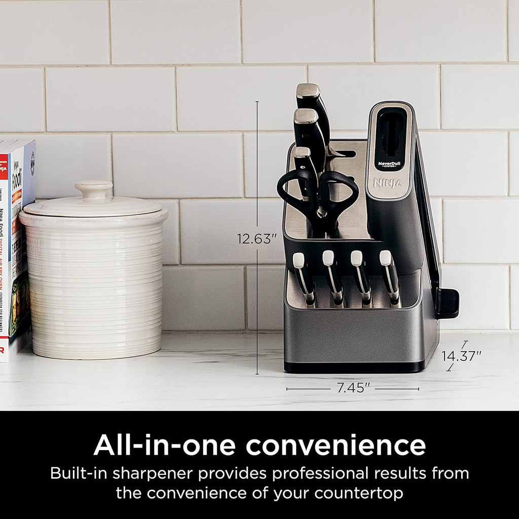 Ninja K32009 Foodi NeverDull Premium Knife System, 9 Piece Knife Block Set with Built-in Sharpener, German Stainless Steel Knives, Black