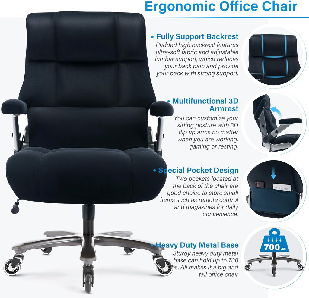 Big and Tall Office Chair 700lbs- Executive Desk Chair with Adjustable Lumbar Support 3D Flip UP Arms- Heavy Duty Quiet Wheels Metal Base Ergonomic Computer Chairs, Black