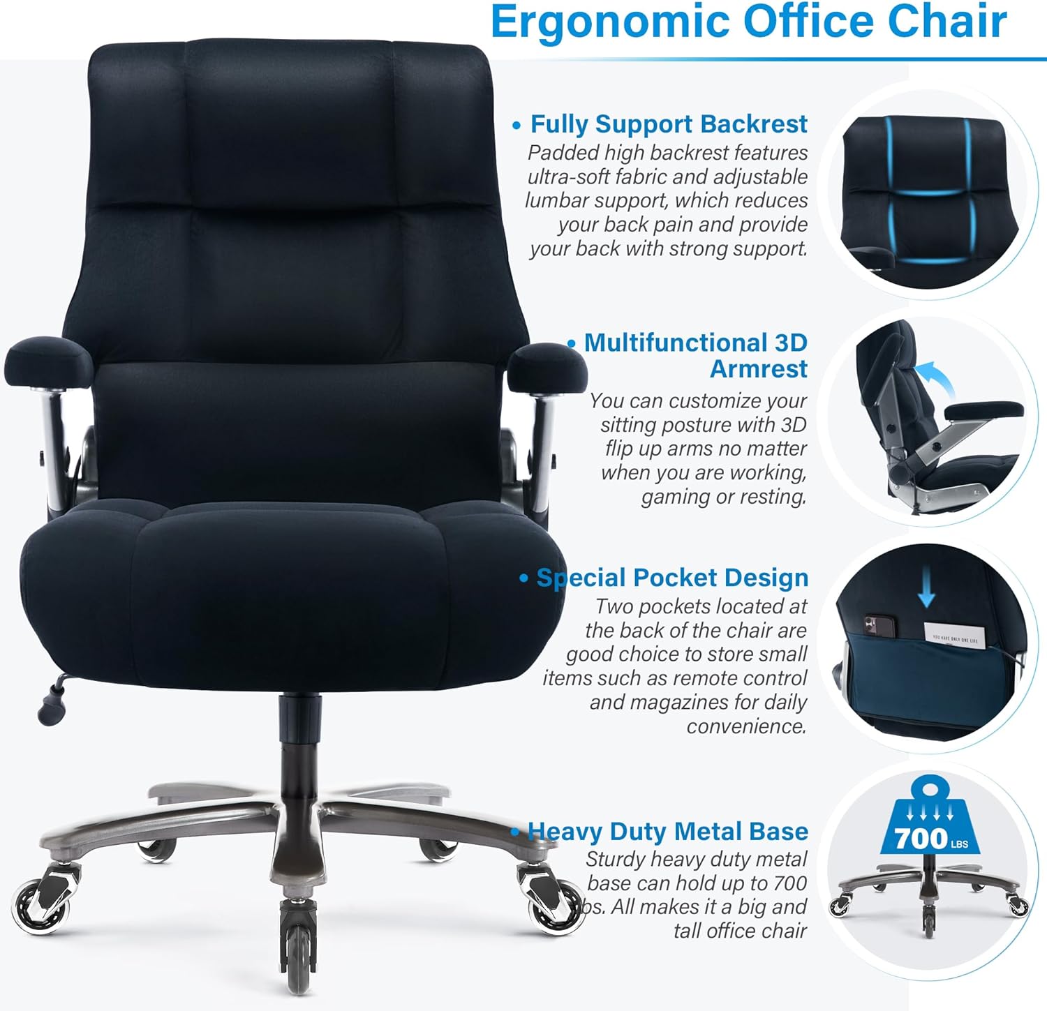 Big and Tall Office Chair 700lbs- Executive Desk Chair with Adjustable Lumbar Support 3D Flip UP Arms- Heavy Duty Quiet Wheels Metal Base Ergonomic Computer Chairs, Black