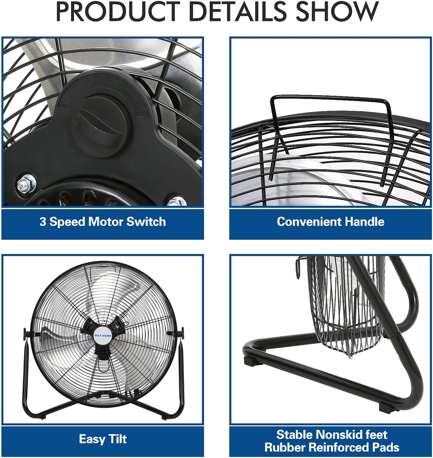 BILT HARD 20' High Velocity Floor Fan, 4600 CFM 3-Speed Industrial Shop Fan with Wall-Mounting System, Heavy Duty Metal Fan for Garage Workshop and Warehouse, 2 Pack
