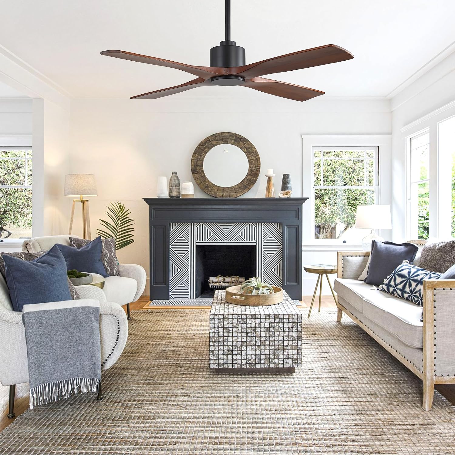 WINGBO 48 Inch DC Ceiling Fan without Lights, 4 Carved Solid Wood Blades, 6-Speed Noiseless Reversible DC Motor, Modern Ceiling Fan No Light with Remote, Black Finish with Walnut Blades, ETL Listed
