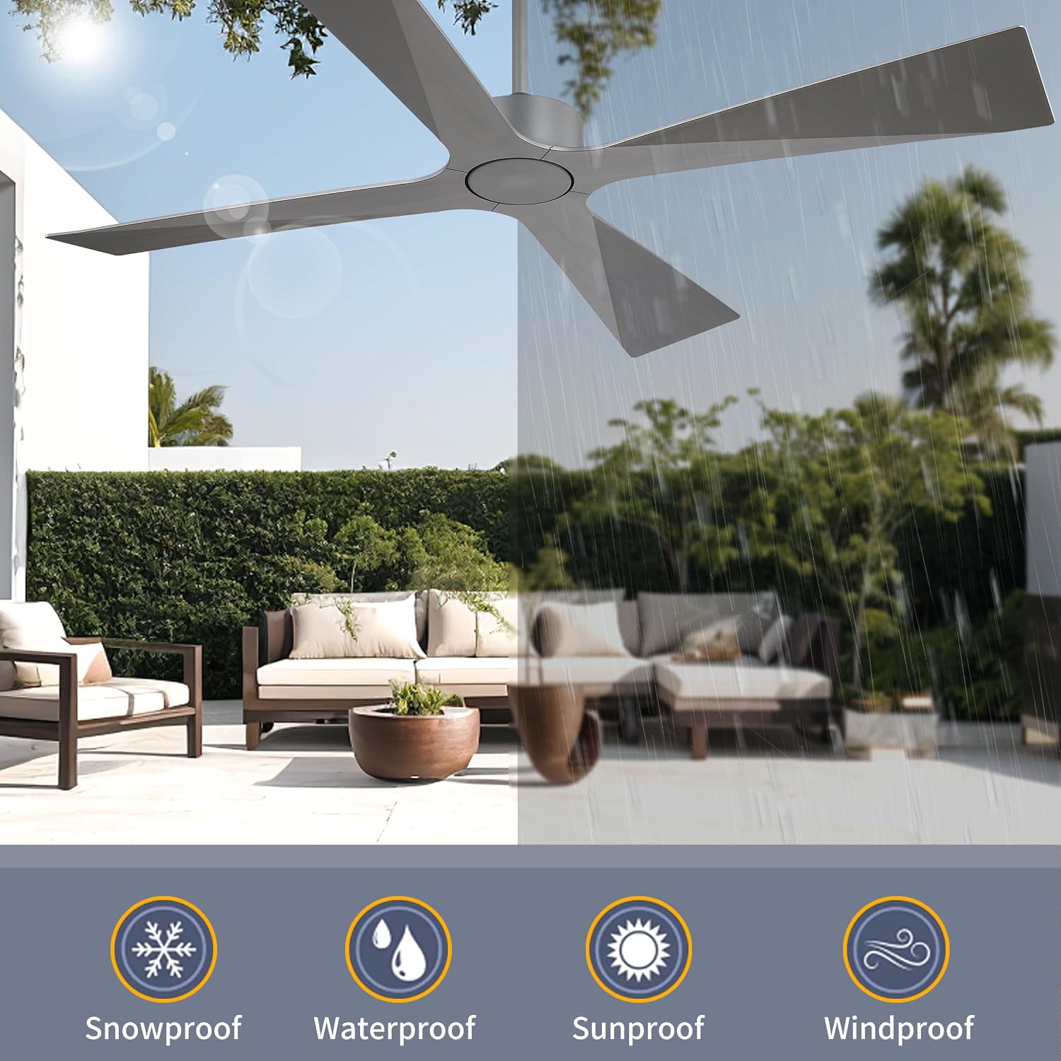 WINGBO 64' Wet Rated Outdoor Ceiling Fan without Lights, 4 ABS Plastic Blades, 6-Speed Reversible Quiet DC Motor, Waterproof Ceiling Fan No Lights for Patio Porch Gazebo Garage, Brushed Graphite