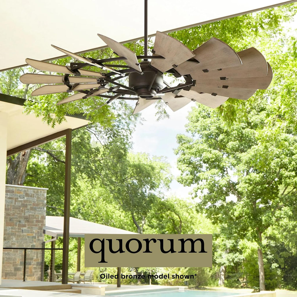 Quorum 196015-9 Windmill 60 Inch Ceiling Fan | 15 Blade Wagon Wheel Design | 6 Speed Reversible DC Motor | Remote Control Included | Damp Rated Fan | Weathered Oak Blades | Galvanized Finish