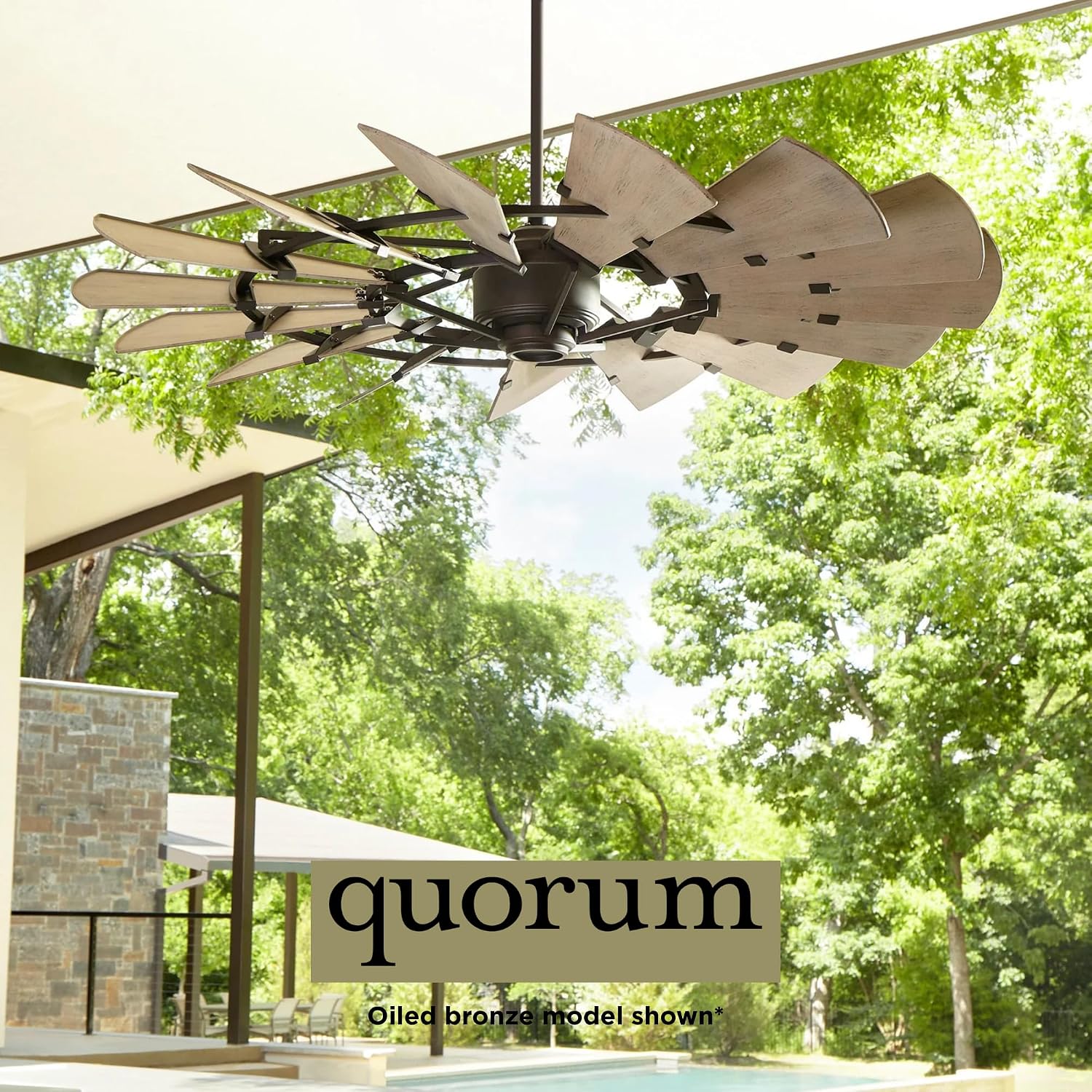 Quorum 196015-9 Windmill 60 Inch Ceiling Fan | 15 Blade Wagon Wheel Design | 6 Speed Reversible DC Motor | Remote Control Included | Damp Rated Fan | Weathered Oak Blades | Galvanized Finish