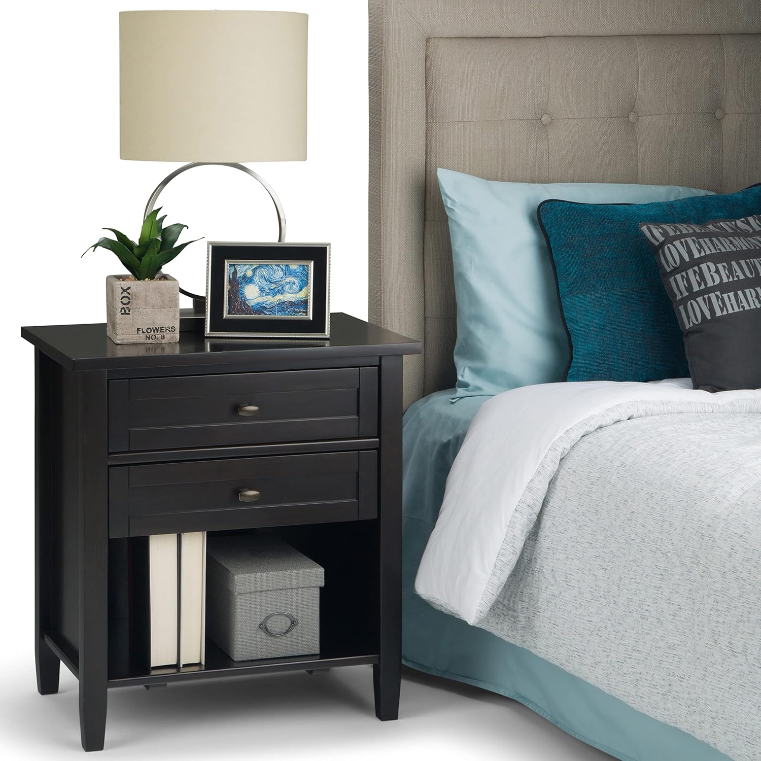 SIMPLIHOME Warm Shaker Bedside Table - 24 inch Wide Solid Wood Nightstand in Hickory Brown, Transitional Bedroom Side or End Table with 2 Drawers, Open Shelf Storage and Bronze Hardware