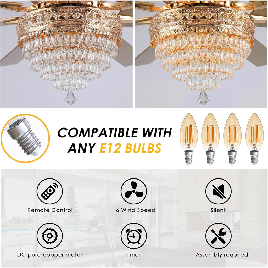 72 Inch Golden Crystal Ceiling Fan Fandelier with Lights,Large Modern Luxury Chandelier Ceiling Fans with Remote Control，Retro/Farmhouse Ceiling Fan with Light Fixture For Dining Room,Living Room
