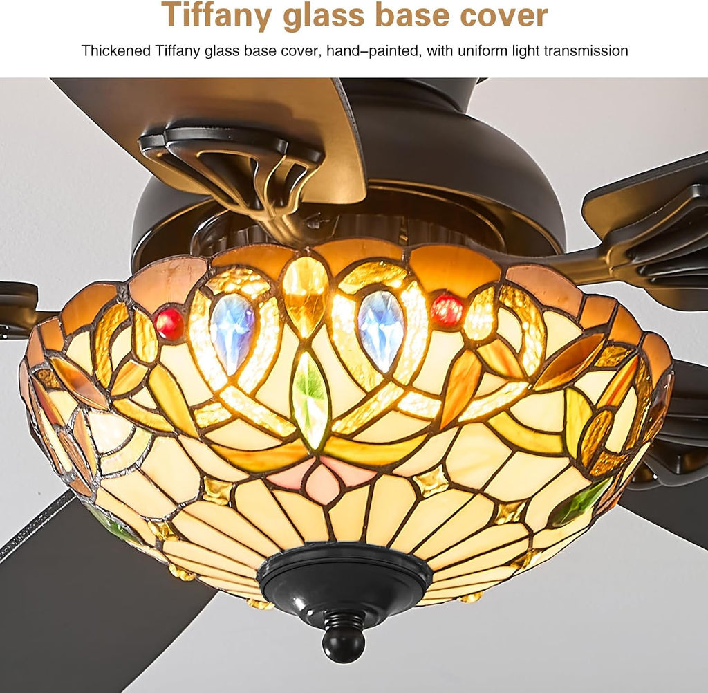 Ceiling Fans with Lights - 52' Ceiling Fan Chandelier with 5 Dual-Blades and Glass Shade, 6 Speeds and Reversible, Indoor and Outdoor, Retro Style
