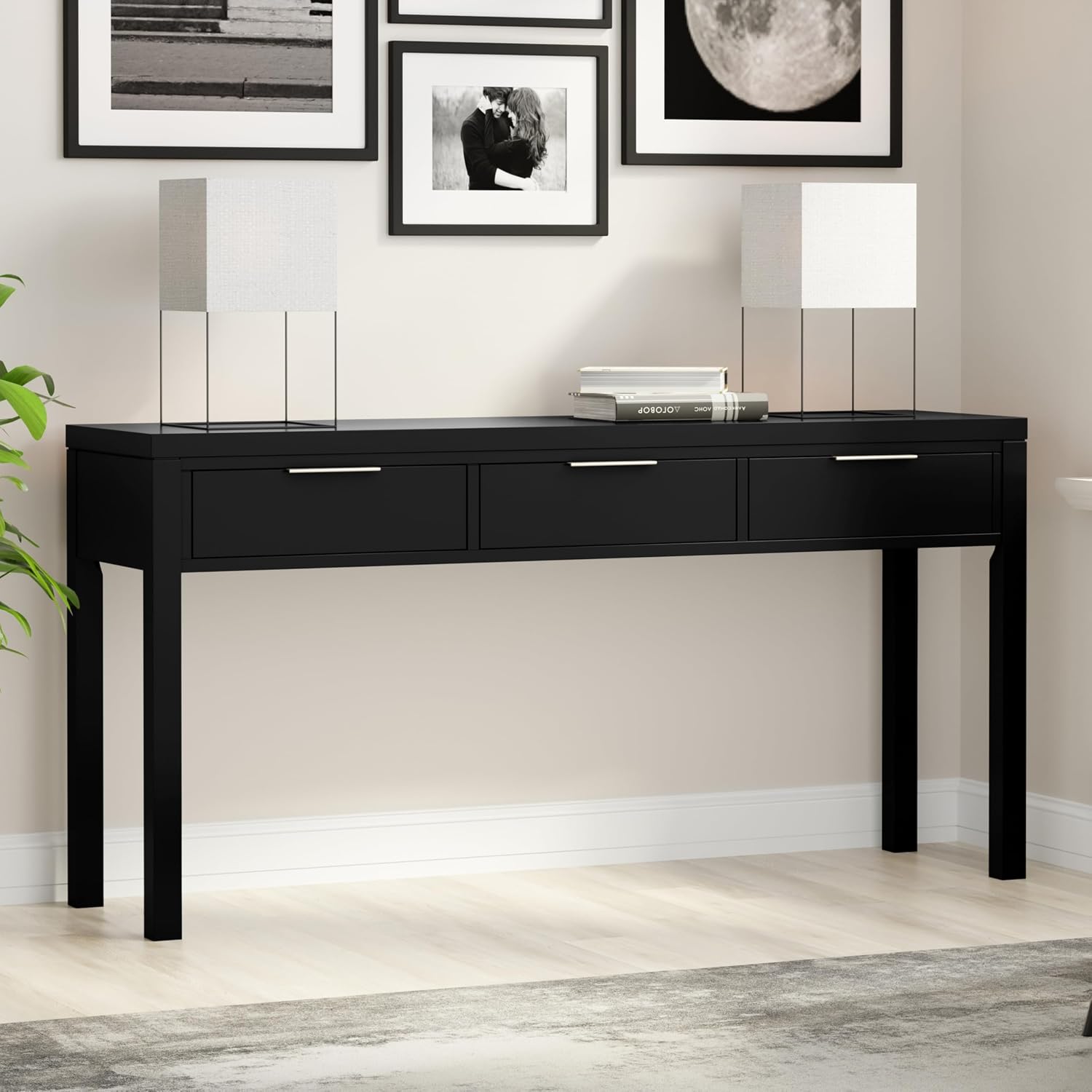 SIMPLIHOME Hollander Console Table - 60 Inch Wide Solid Wood Sofa Table in Black, Contemporary Storage Table for Entryway or Living Room with 3 Drawers and Sleek Metal Hardware