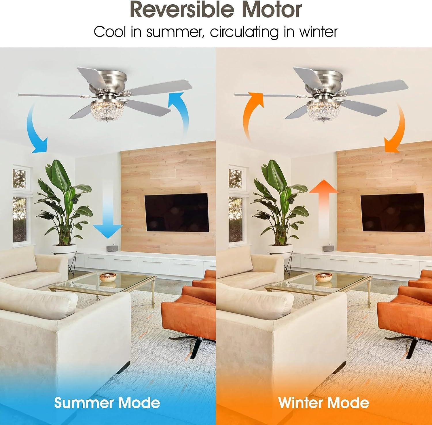 48 Inch Low Profile Ceiling Fan with Light: Farmhouse Caged Fandelier, Crystal Flush Mount Ceiling Fan with Remote, Indoor/Outdoor Use for Patios Living Room Bedroom, Silver
