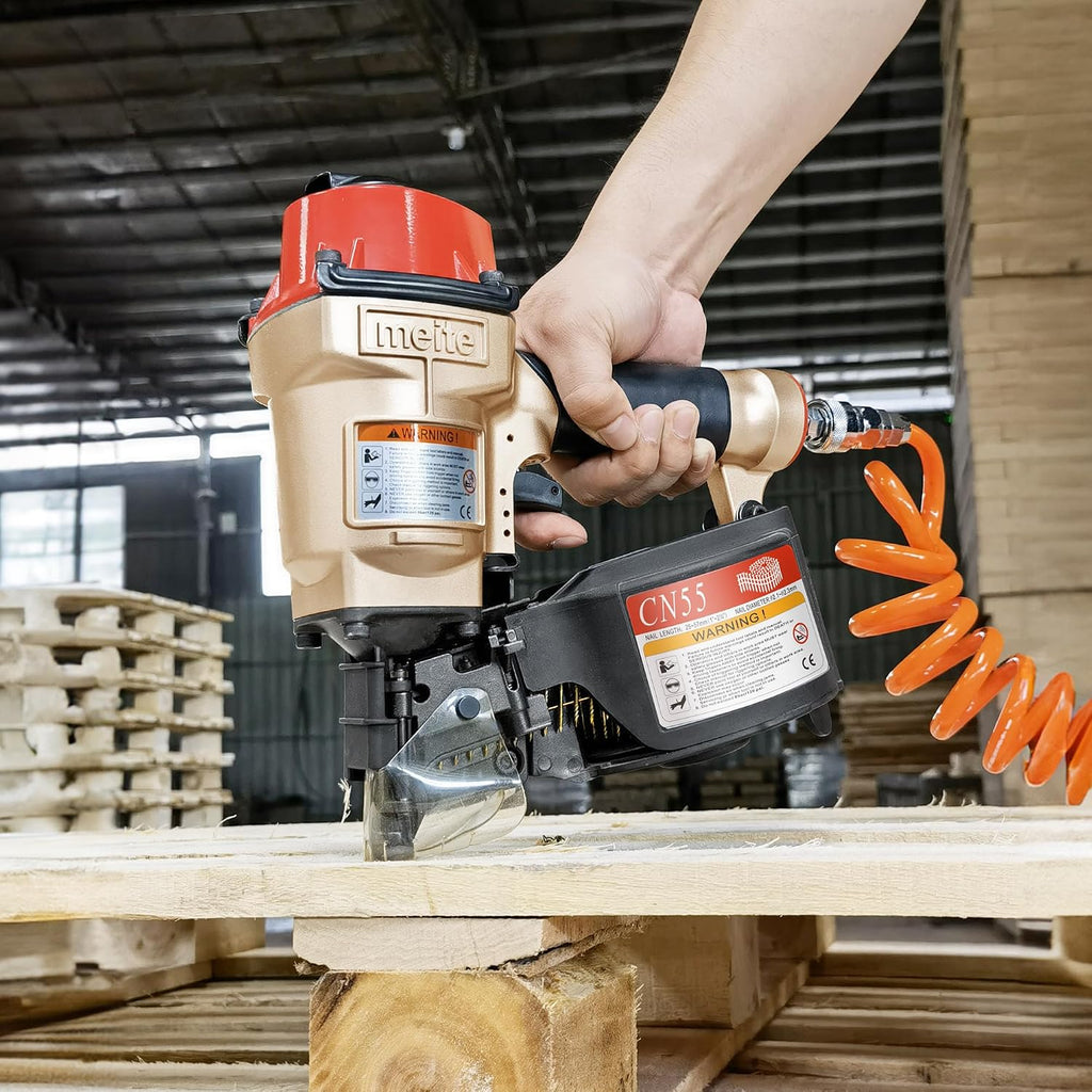 meite CN55 Coil Nailer Pneumatic Nail Gun 15 degree 1' to 2-1/4' Coil Nails, Heavy Duty Air Coil Nailer with Coil Nail Magazine 300PCS for Hardwood Projects Pallets Framing Sheathing